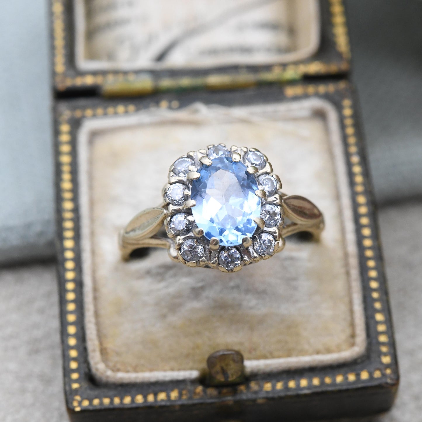 Vintage 9ct Gold Halo Ring Blue and Clear Stones - Pretty Square Halo Cocktail Ring | Jewellery Gift for Her | UK Size - N | US Size - 6 1/2