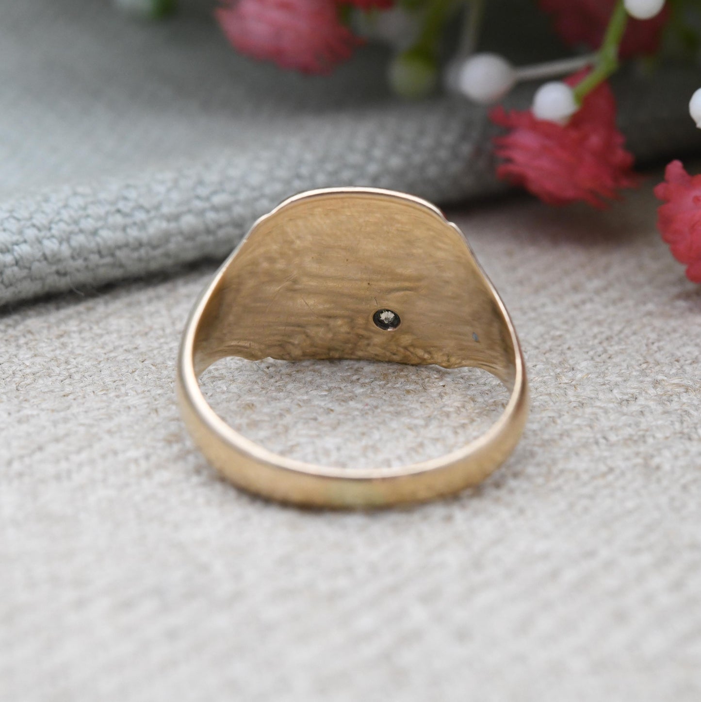 Vintage 9ct Gold Diamond Signet Ring 1960 Flush Star Setting - Unisex Solid Yellow Gold Jewellery Gift for Him | UK Size - Q | US Size - 8