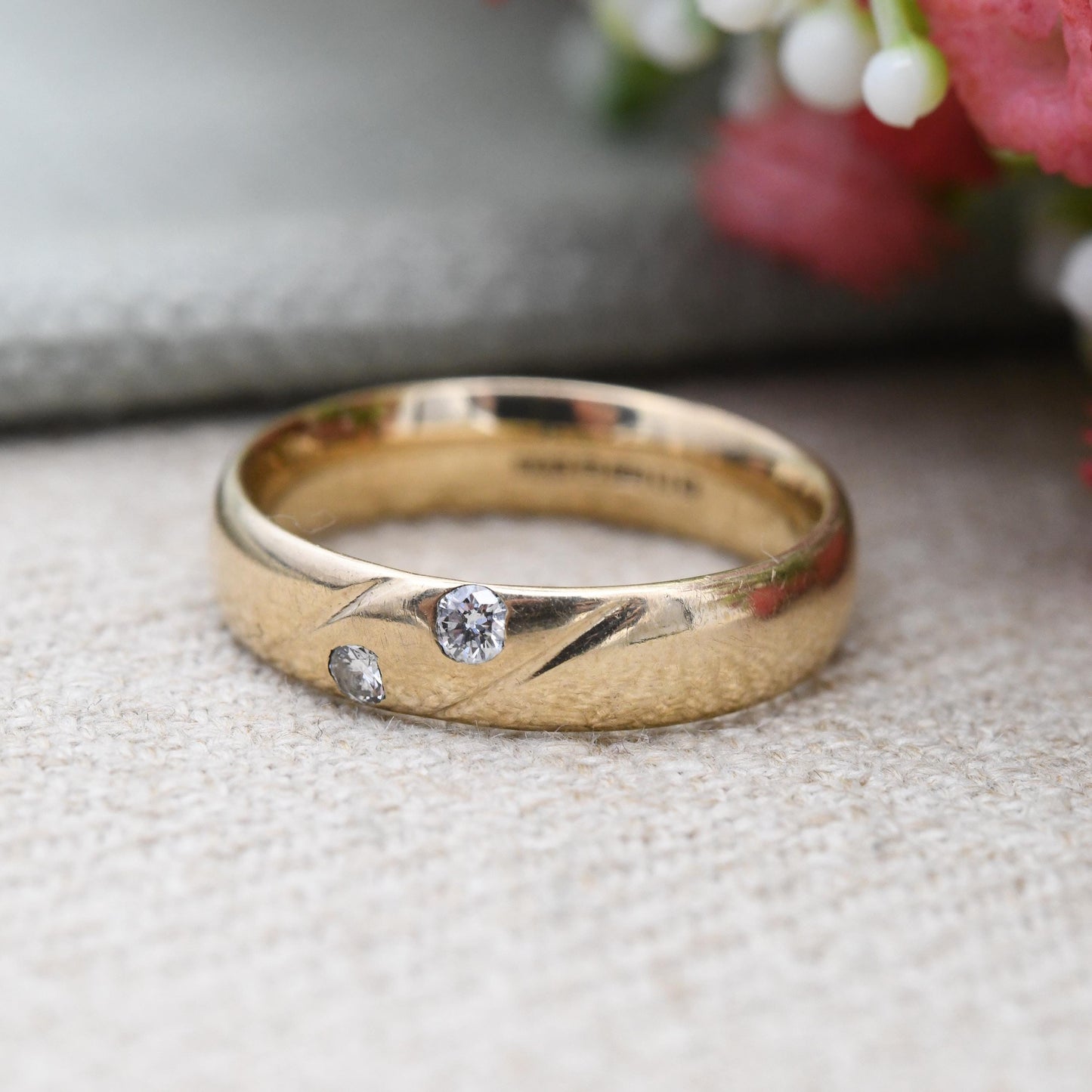 Vintage 9ct Gold Diamond Flush Band Ring Two Stones 1987 - Yellow Gold Unisex Wedding Band | Men's Engagement | UK Size - P US Size - 7 3/4