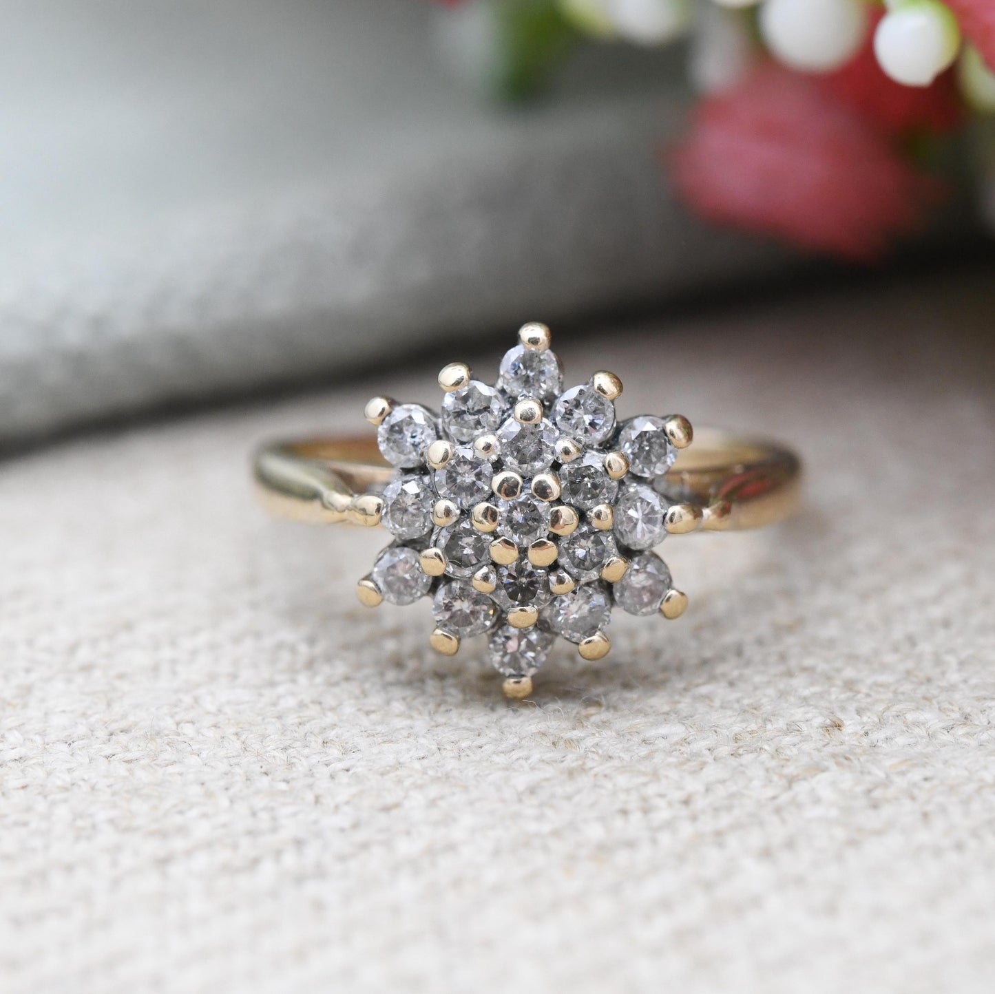 Vintage 9ct Gold and Diamond Cluster Ring 0.5 1/2 Carats 50 Points - Statement Cocktail Pretty Gift for Her | UK Size - L | US Size - 5 3/4