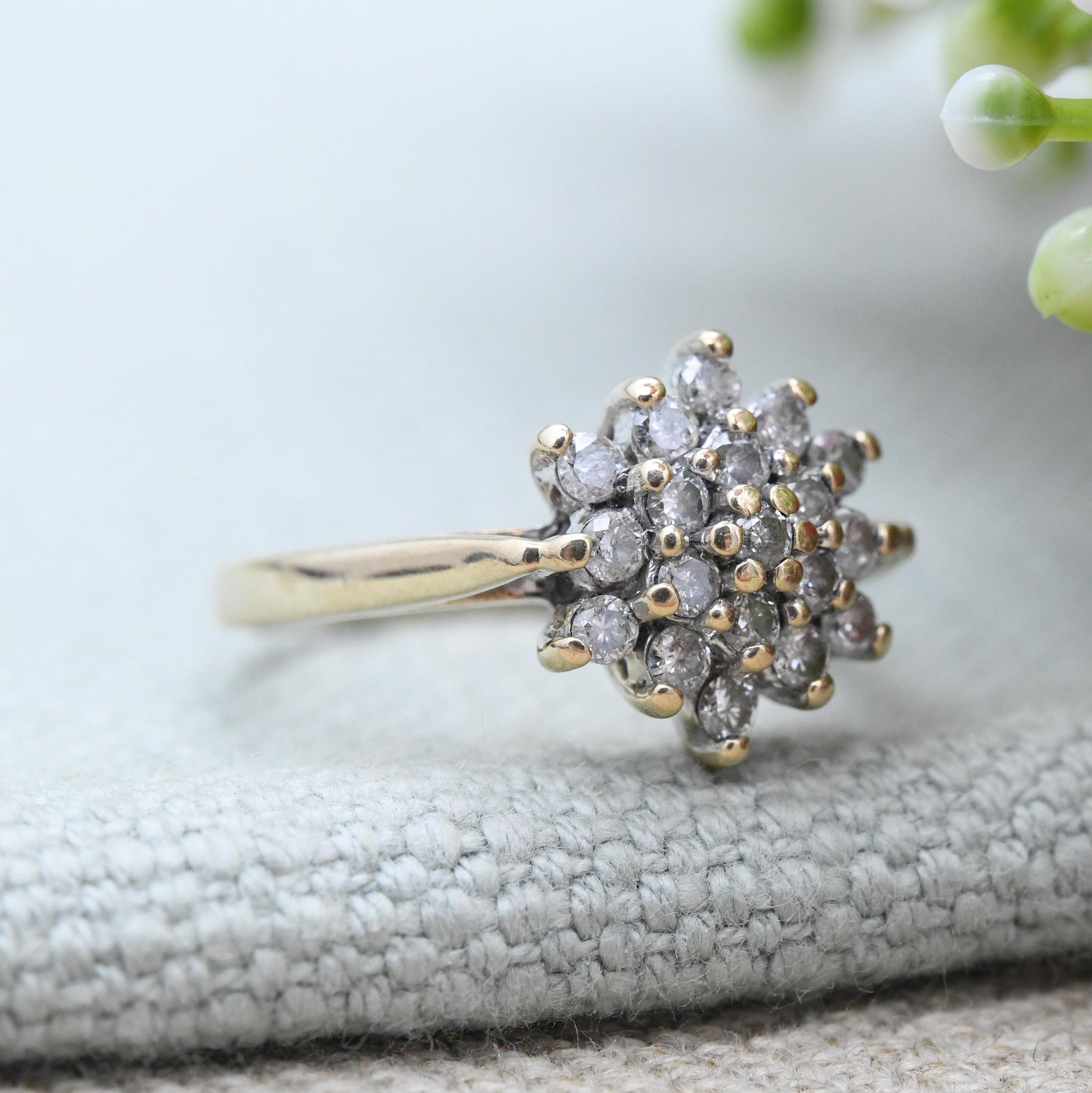 Vintage 9ct Gold and Diamond Cluster Ring 0.5 1/2 Carats 50 Points - Statement Cocktail Pretty Gift for Her | UK Size - L | US Size - 5 3/4