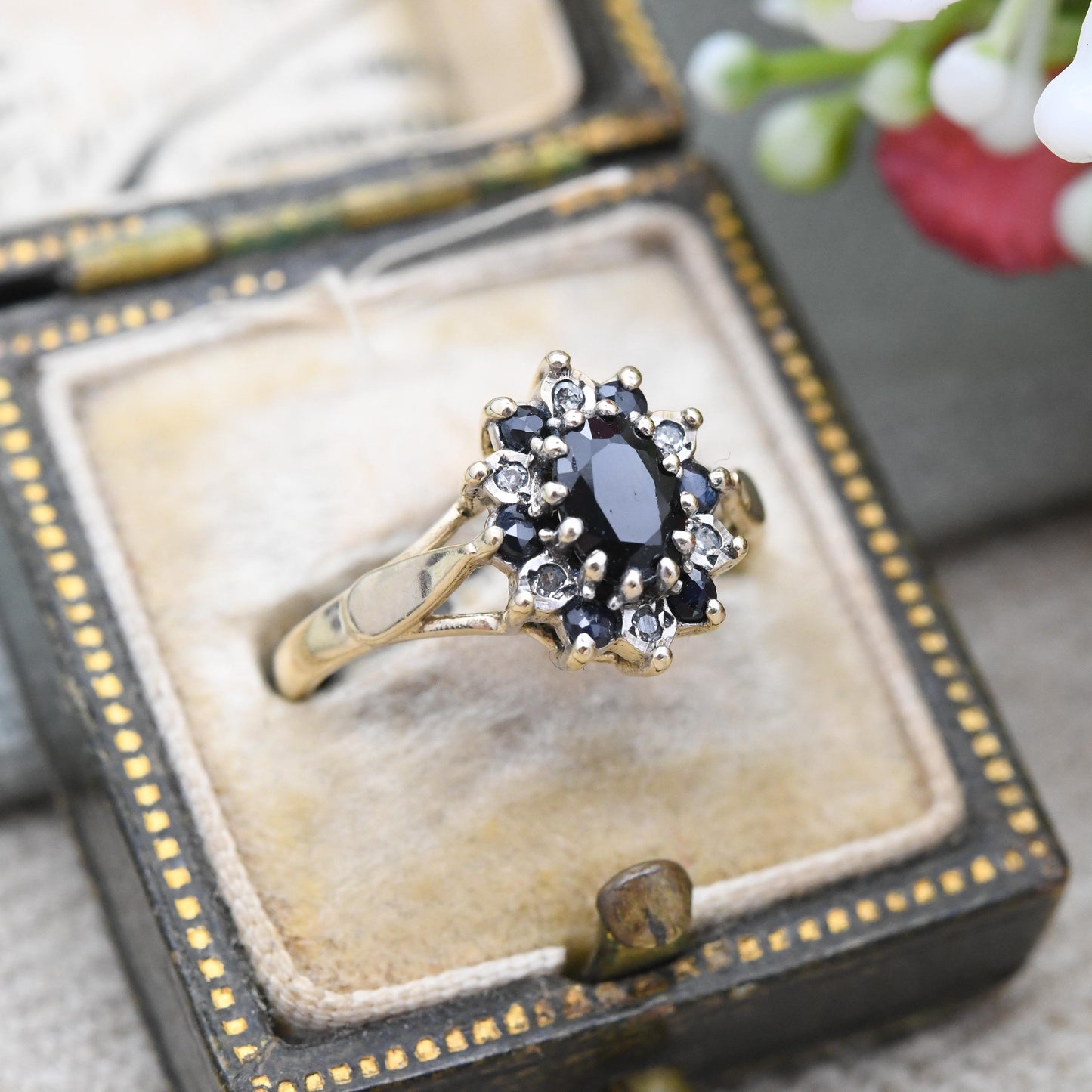 Vintage 9ct Gold Diamond and Sapphire Floral Cluster Ring 1991 - Statement Deep Blue Engagement Gift | Small UK Size - K 1/2 US Size - 5 1/2