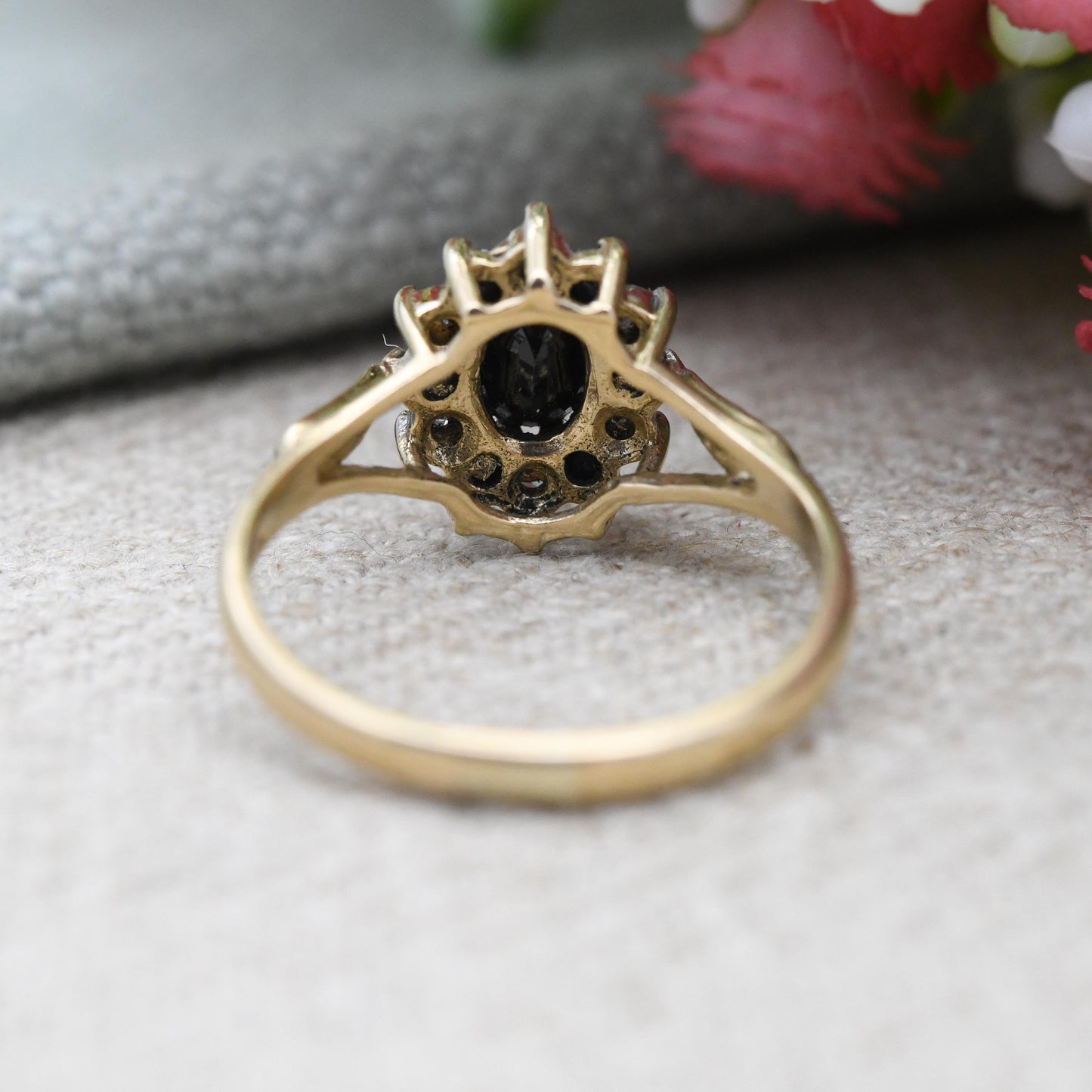 Vintage 9ct Gold Diamond and Sapphire Floral Cluster Ring 1991 - Statement Deep Blue Engagement Gift | Small UK Size - K 1/2 US Size - 5 1/2