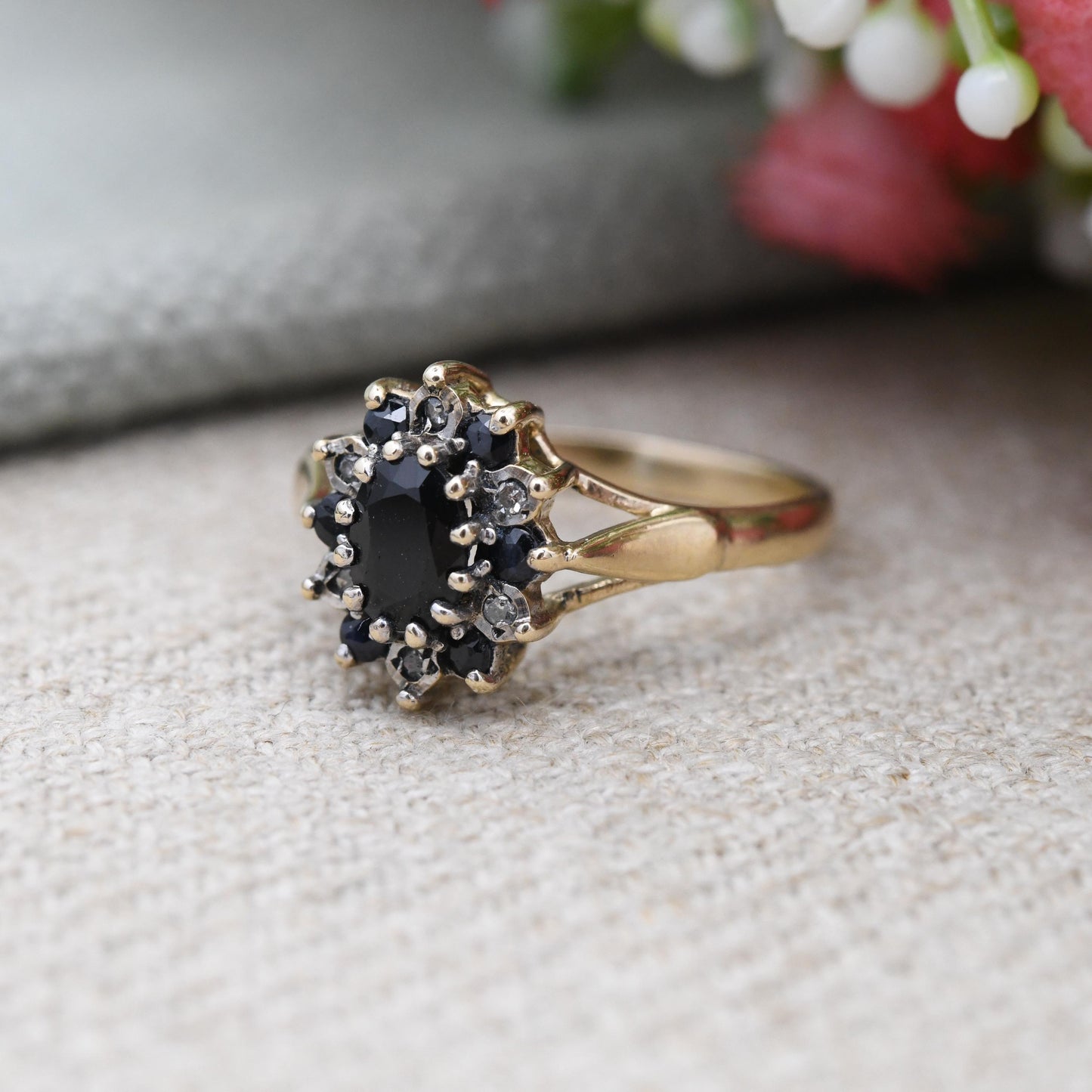 Vintage 9ct Gold Diamond and Sapphire Floral Cluster Ring 1991 - Statement Deep Blue Engagement Gift | Small UK Size - K 1/2 US Size - 5 1/2