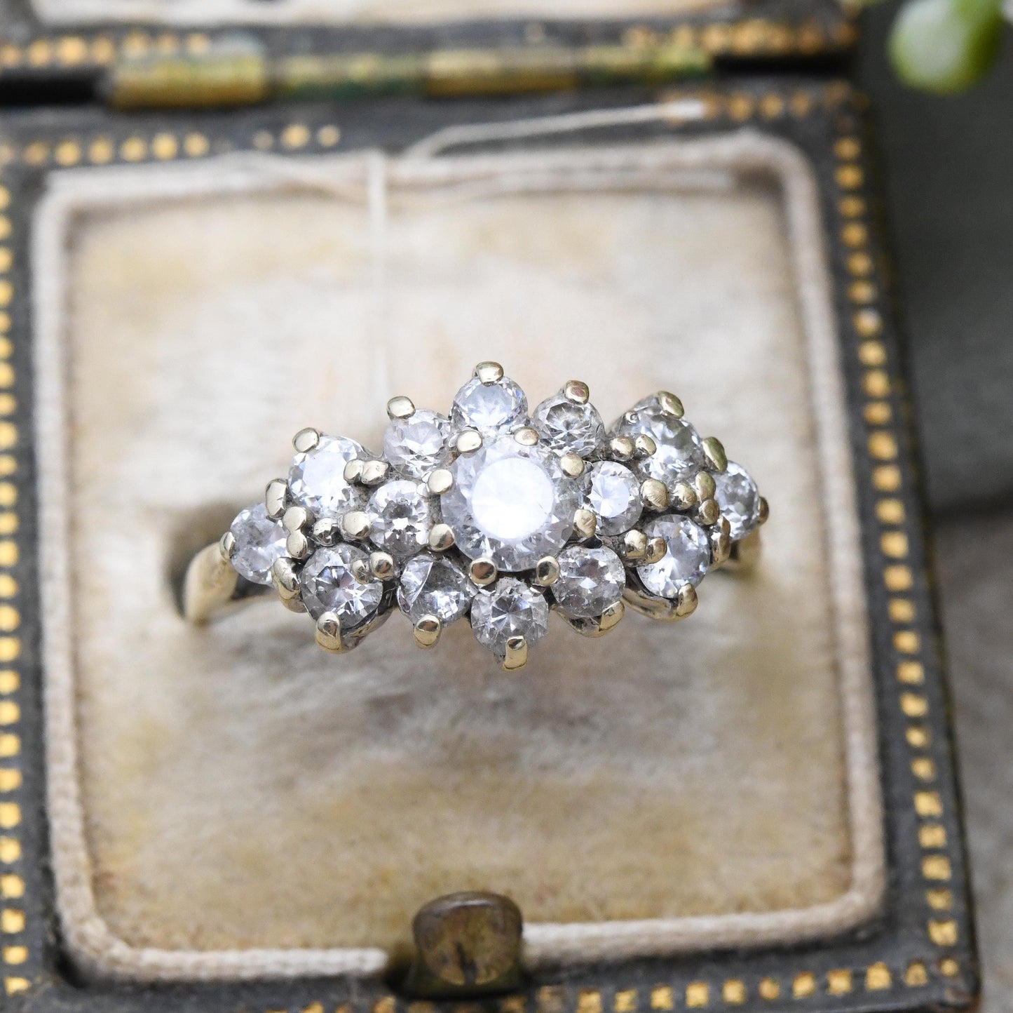 Vintage 9ct Gold CZ Cluster Ring White Stones - Pretty Gold Jewellery Gift for Her | Cocktail Statement | UK Size - M 1/2 | US Size - 6 1/2