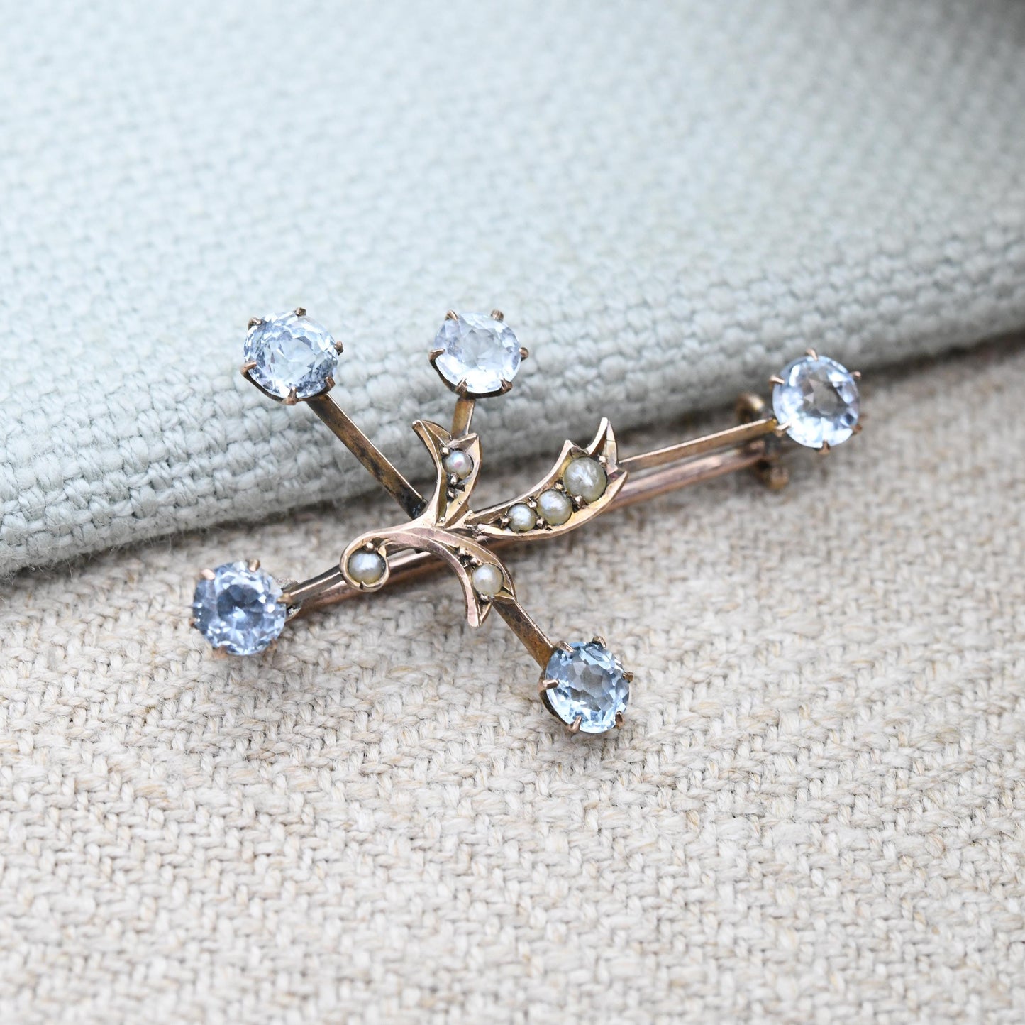 Antique 9ct Gold Southern Cross Constellation Brooch with Seed Pearls and Blue Stones c. 1900 - Crux Star Shape Edwardian Australia Souvenir