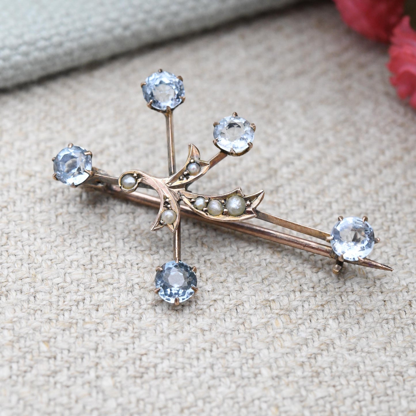 Antique 9ct Gold Southern Cross Constellation Brooch with Seed Pearls and Blue Stones c. 1900 - Crux Star Shape Edwardian Australia Souvenir