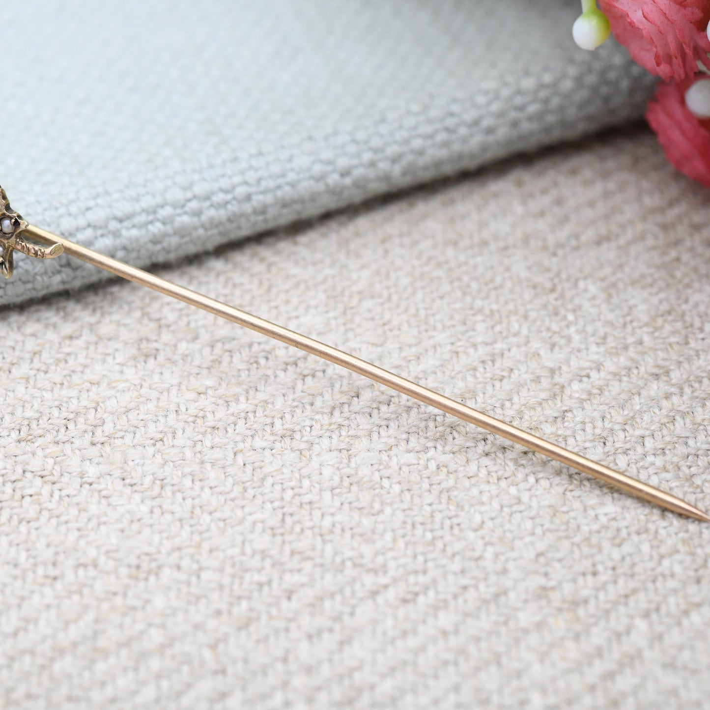 Antique 10ct Gold Leaf Stick Pin with Seed Pearls - Edwardian Small Split Pearls Cravat Ascot Brooch | Floral Maple Autumn Leaf Pin