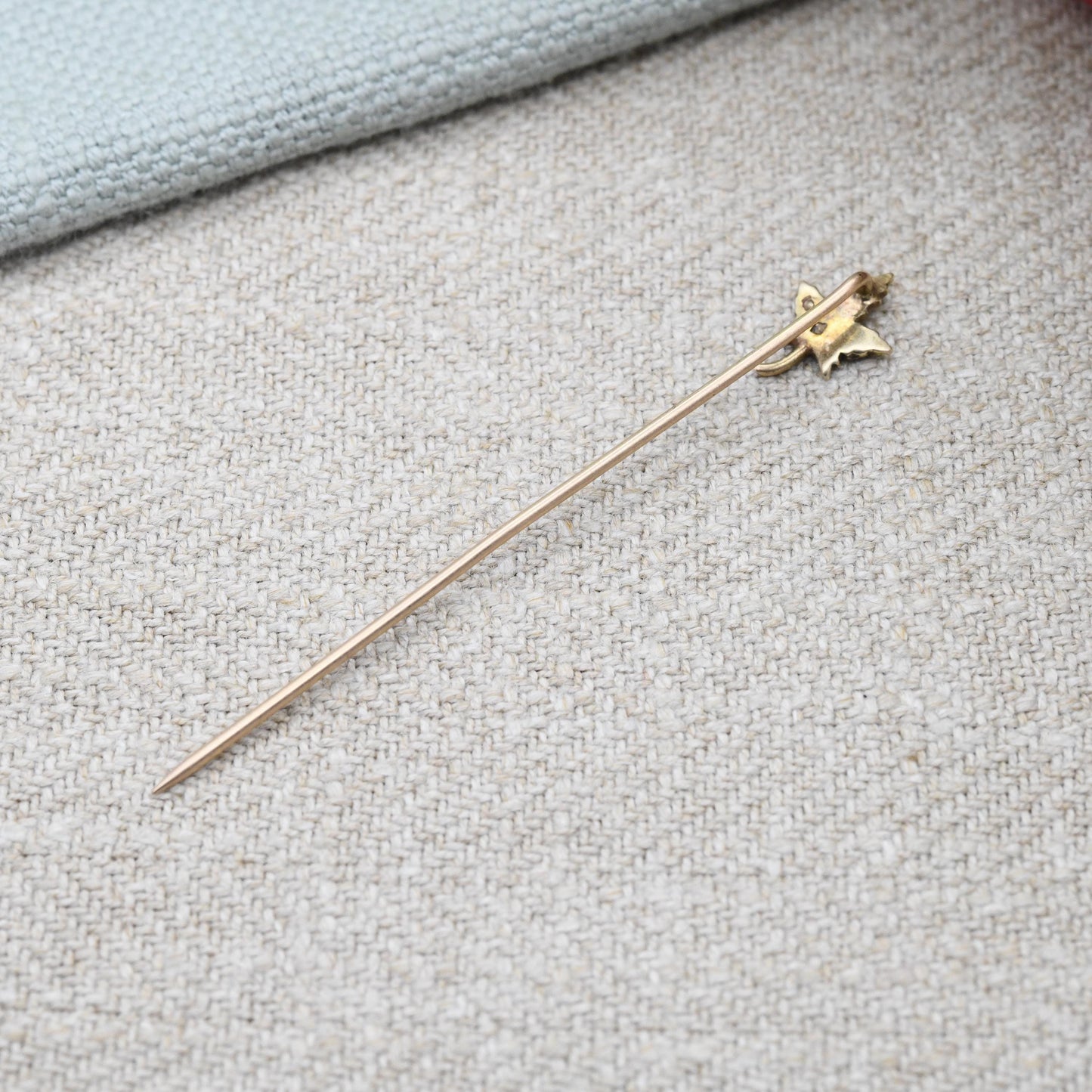 Antique 10ct Gold Leaf Stick Pin with Seed Pearls - Edwardian Small Split Pearls Cravat Ascot Brooch | Floral Maple Autumn Leaf Pin