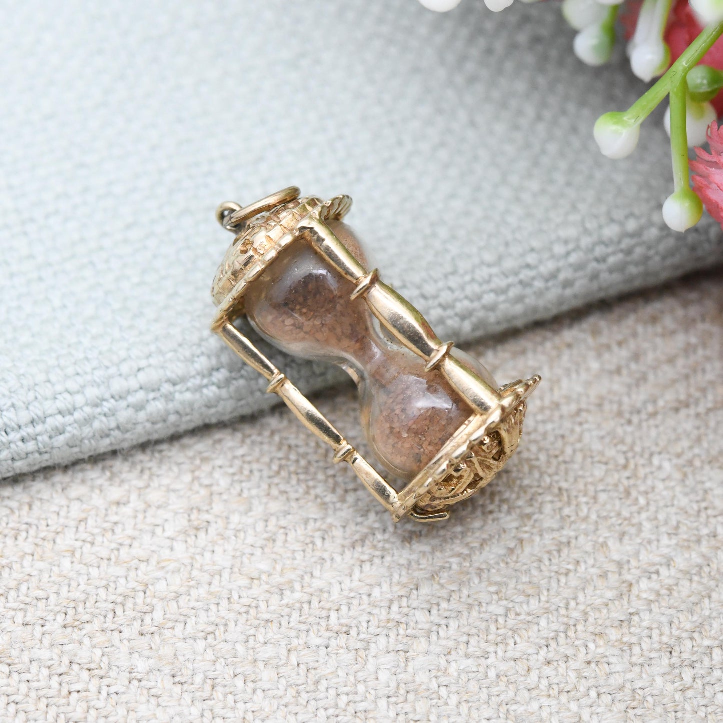 Vintage 9ct Gold Hourglass Charm Pendant by Fred Manshaw 1965 - Sand Timer | Unusual Solid Gold Jewellery Gift for Charm Collection Necklace