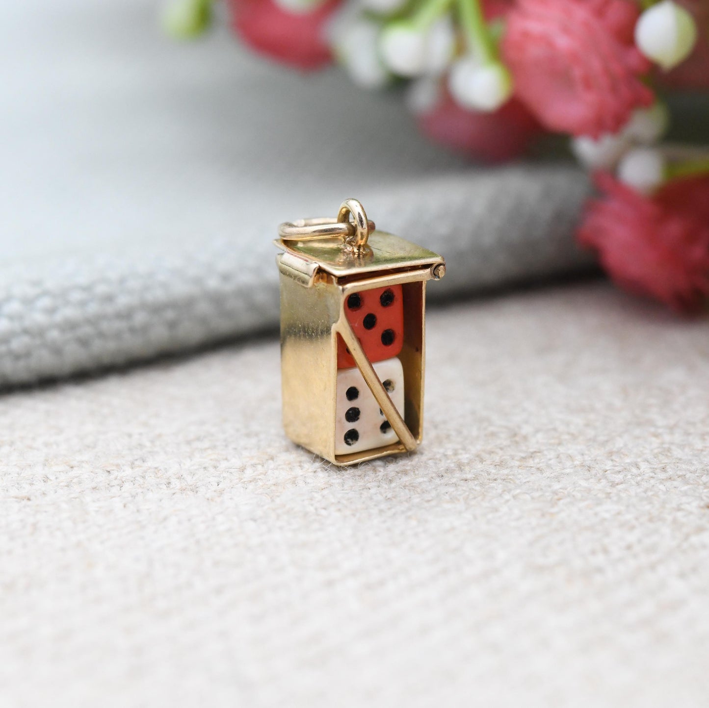 Vintage 9ct Gold Caged Dice Charm Pendant 1964 - Opening Lucky Dice | Die Pair Red and White | Gift for Charm Collection | Good Luck Charm