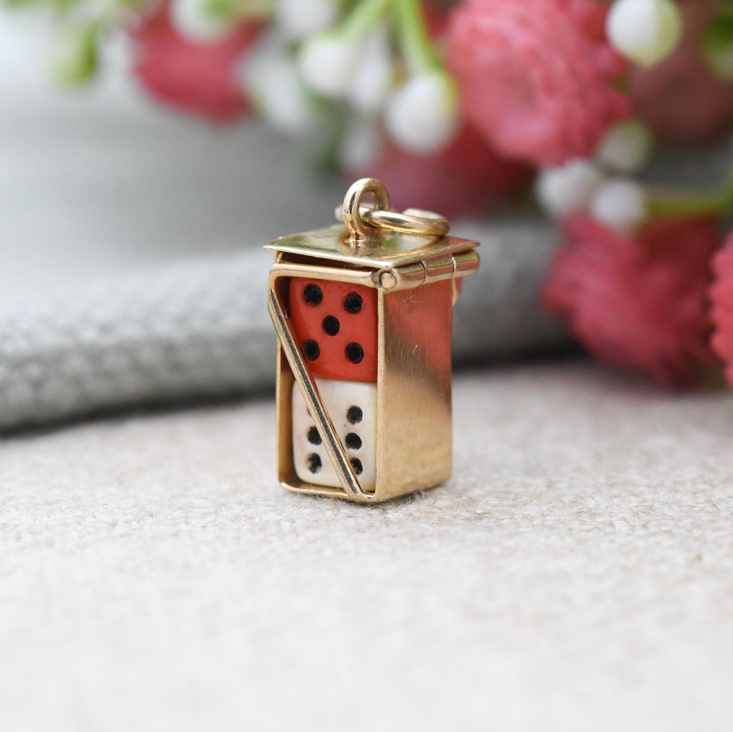 Vintage 9ct Gold Caged Dice Charm Pendant 1964 - Opening Lucky Dice | Die Pair Red and White | Gift for Charm Collection | Good Luck Charm
