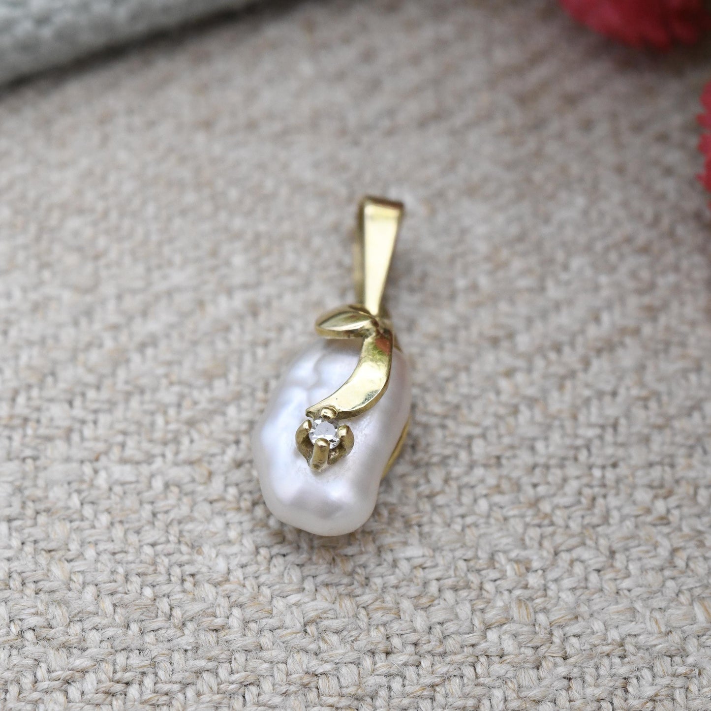 Vintage 9ct Gold Baroque Pearl Pendant 1985 with a Single Diamond - White Cultured Pearl Charm for Necklace Stack | Long Pearl Drop
