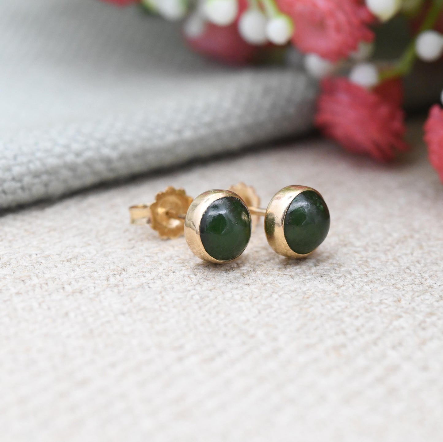 Vintage 14ct Gold Jade Stud Earrings Small Circle - Round Shape Sleeper Studs | Solid Gold Jewellery Gift Unisex | Butterfly Backs | H&S