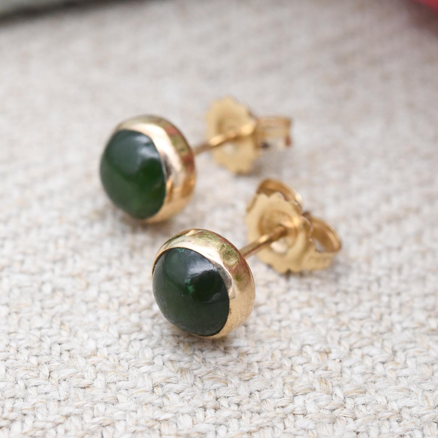 Vintage 14ct Gold Jade Stud Earrings Small Circle - Round Shape Sleeper Studs | Solid Gold Jewellery Gift Unisex | Butterfly Backs | H&S