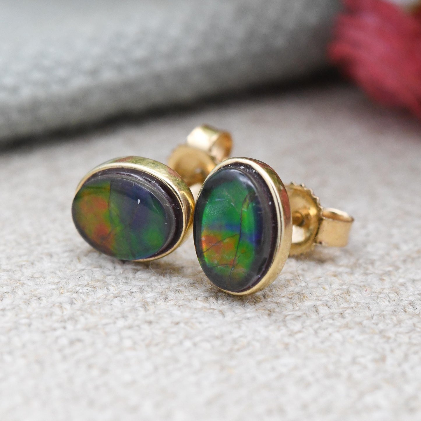 Vintage 14ct Gold Ammolite Doublet Earrings Oval Cabochon - Black and Green Little Studs Solid Gold Jewellery Gift Unisex | Butterfly Backs