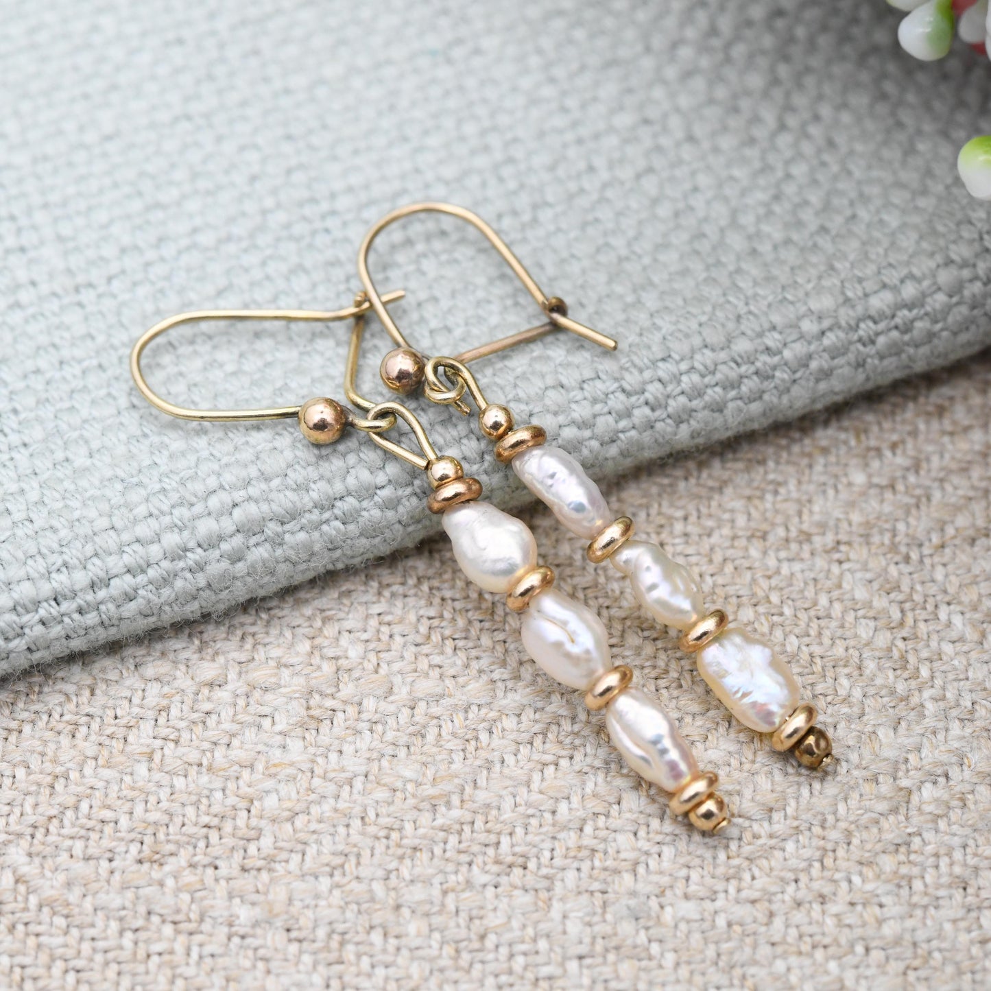 Vintage 9ct Gold Triple Baroque Pearl Drop Earrings 1986 - Gold Spacers Irregular Pearls Dangle Stud Earrings | White Gemstone Minimalist