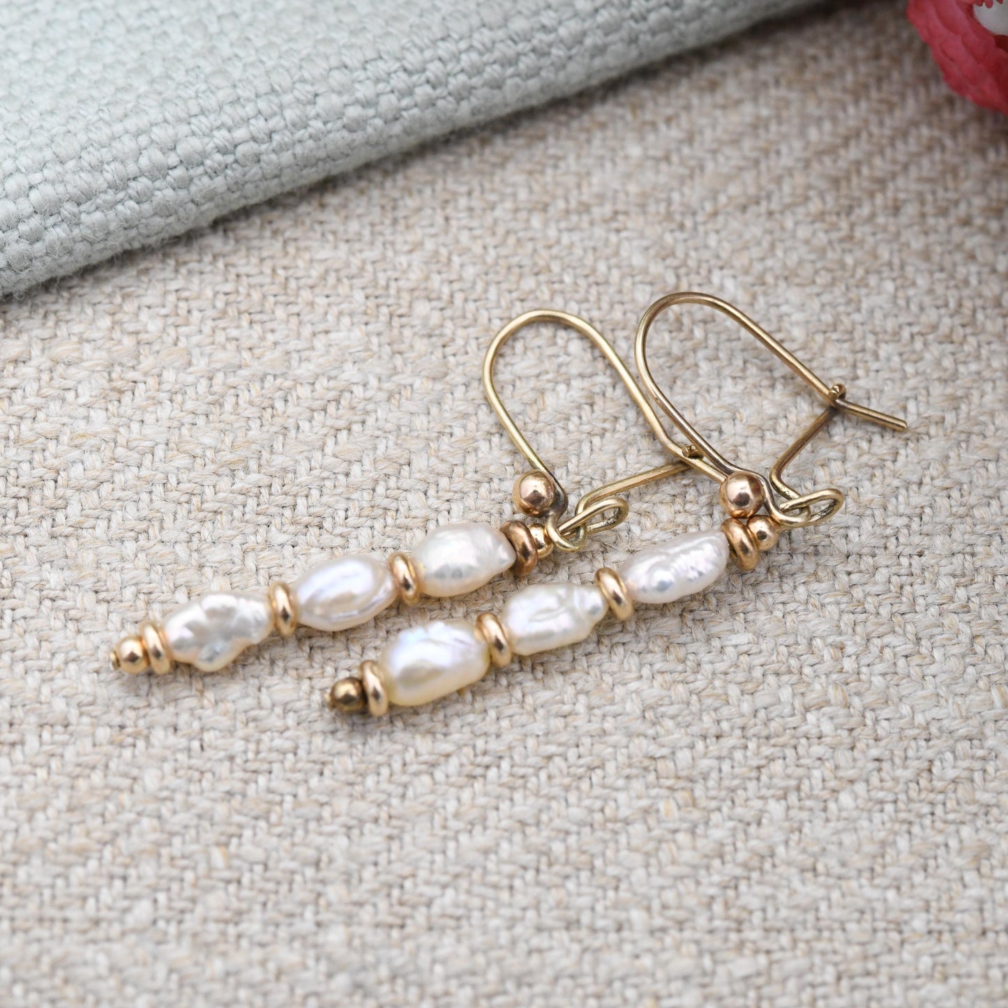 Vintage 9ct Gold Triple Baroque Pearl Drop Earrings 1986 - Gold Spacers Irregular Pearls Dangle Stud Earrings | White Gemstone Minimalist