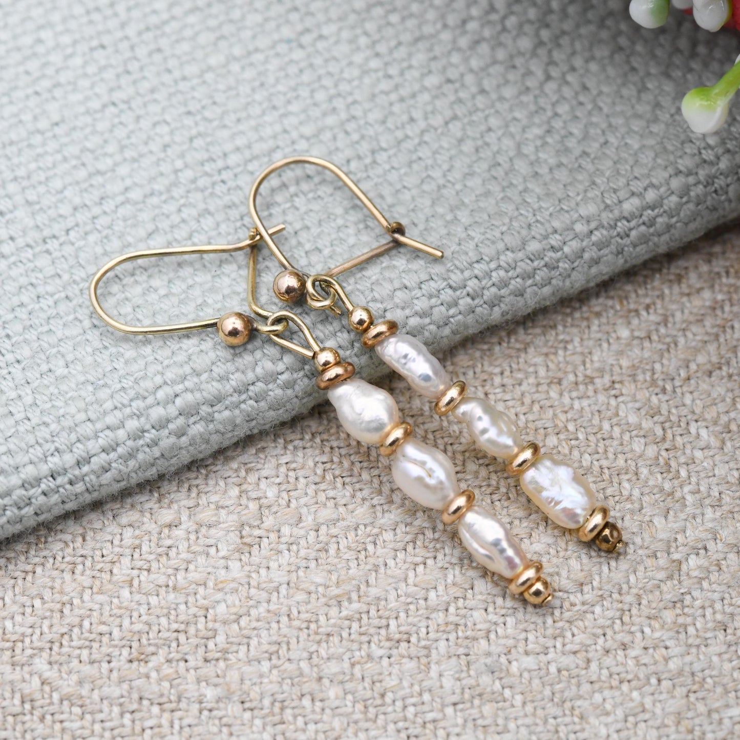 Vintage 9ct Gold Triple Baroque Pearl Drop Earrings 1986 - Gold Spacers Irregular Pearls Dangle Stud Earrings | White Gemstone Minimalist