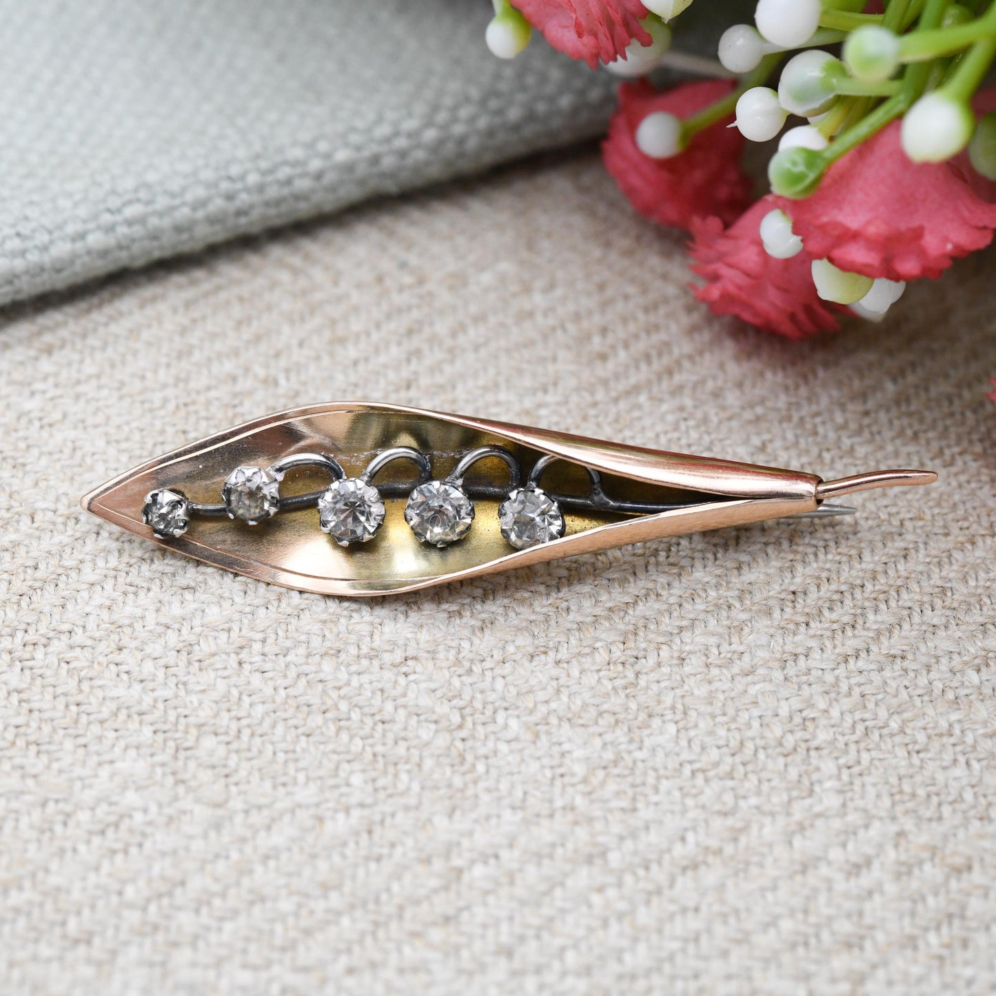 Antique 9ct Gold Lily of the Valley Brooch by Arthur Johnson Smith AJS - Solid Rose Gold and Sparkly Clear Paste Collectable Jewellery Gift
