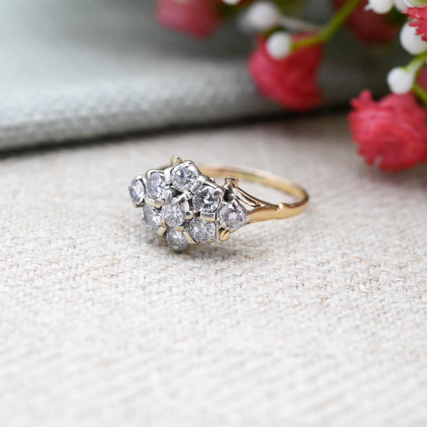Vintage 1ct Diamond Cluster Ring 9ct Gold 1930s - Antique Engagement Ring Gold Jewellery Gift for Her | Small UK Size - K | US Size - 5 1/4