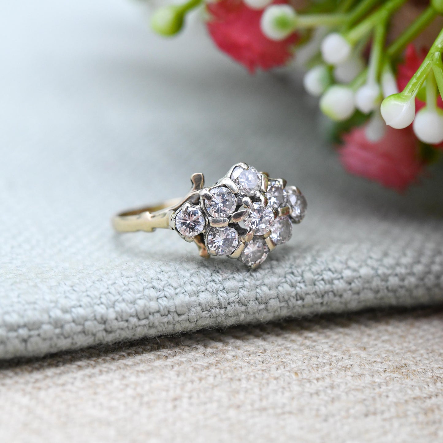 Vintage 1ct Diamond Cluster Ring 9ct Gold 1930s - Antique Engagement Ring Gold Jewellery Gift for Her | Small UK Size - K | US Size - 5 1/4