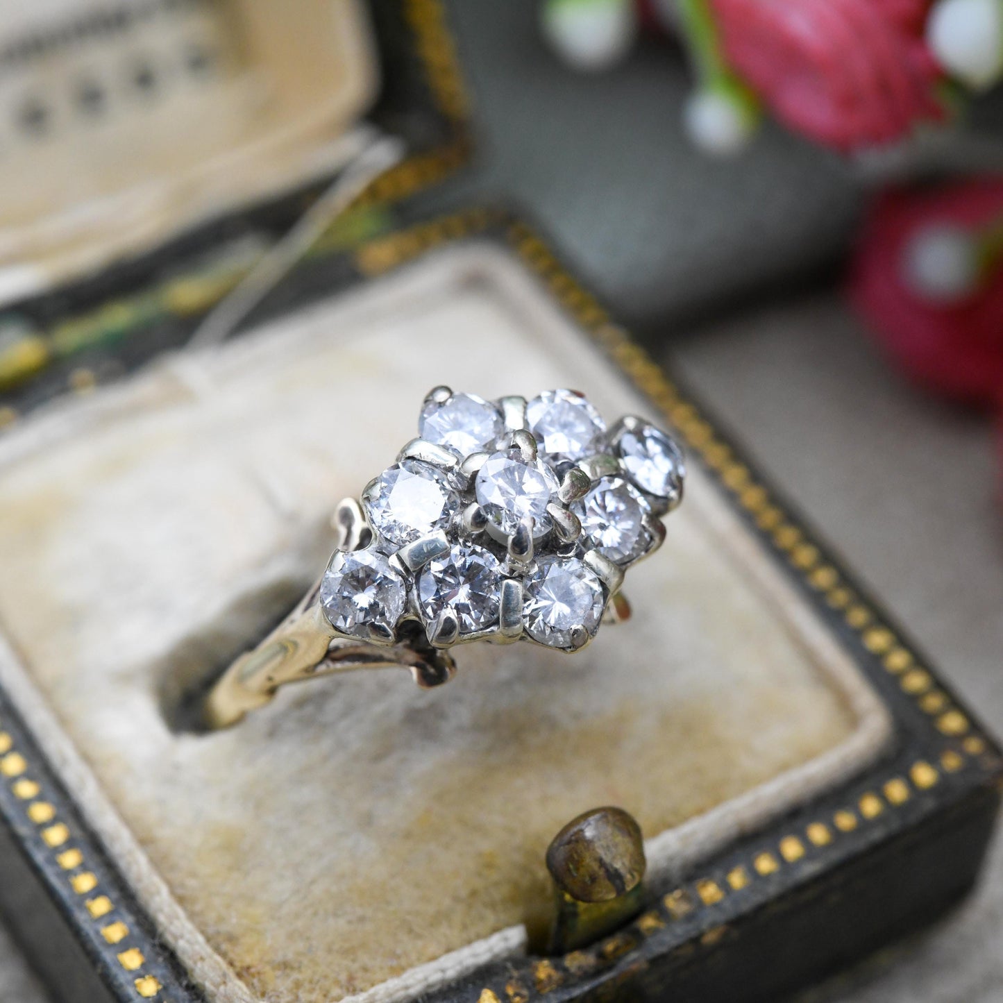 Vintage 1ct Diamond Cluster Ring 9ct Gold 1930s - Antique Engagement Ring Gold Jewellery Gift for Her | Small UK Size - K | US Size - 5 1/4