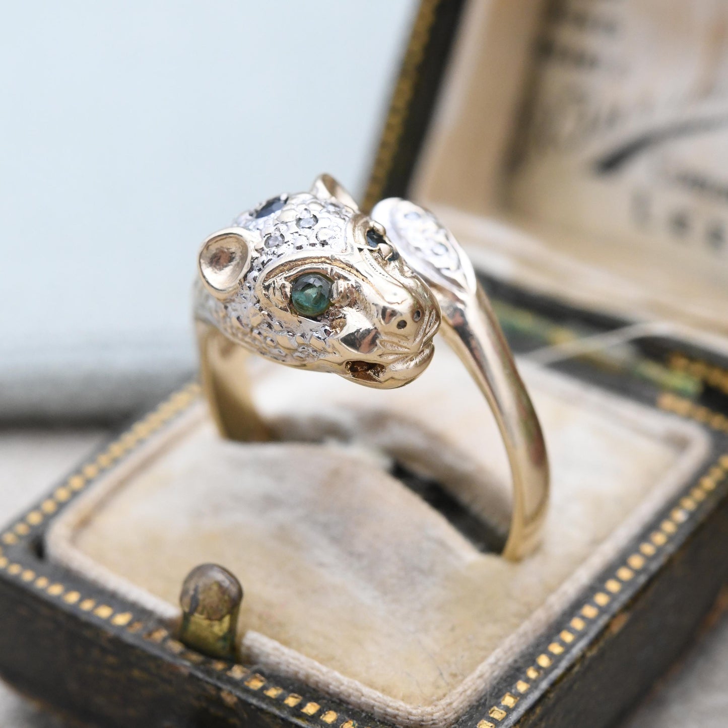 Vintage 9ct Gold Gemstone Panther Ring with Diamonds Emerald Sapphires - Cocktail Animal Ring Leopard | UK Size - S 1/2 | US Size - 9 1/2