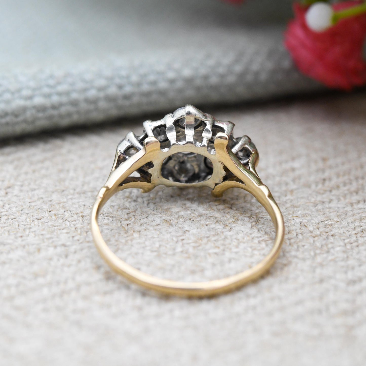 Vintage 1ct Diamond Cluster Ring 9ct Gold 1930s - Antique Engagement Ring Gold Jewellery Gift for Her | Small UK Size - K | US Size - 5 1/4