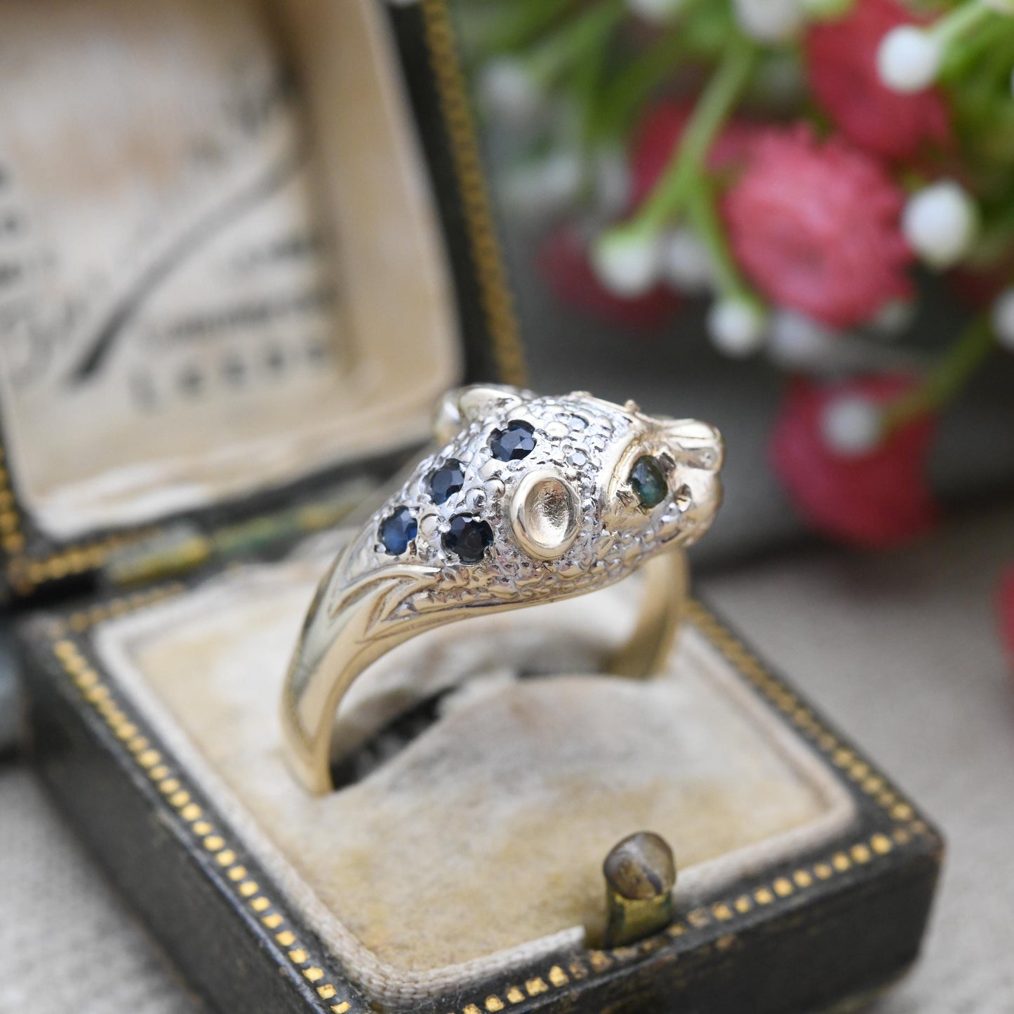 Vintage 9ct Gold Gemstone Panther Ring with Diamonds Emerald Sapphires - Cocktail Animal Ring Leopard | UK Size - S 1/2 | US Size - 9 1/2