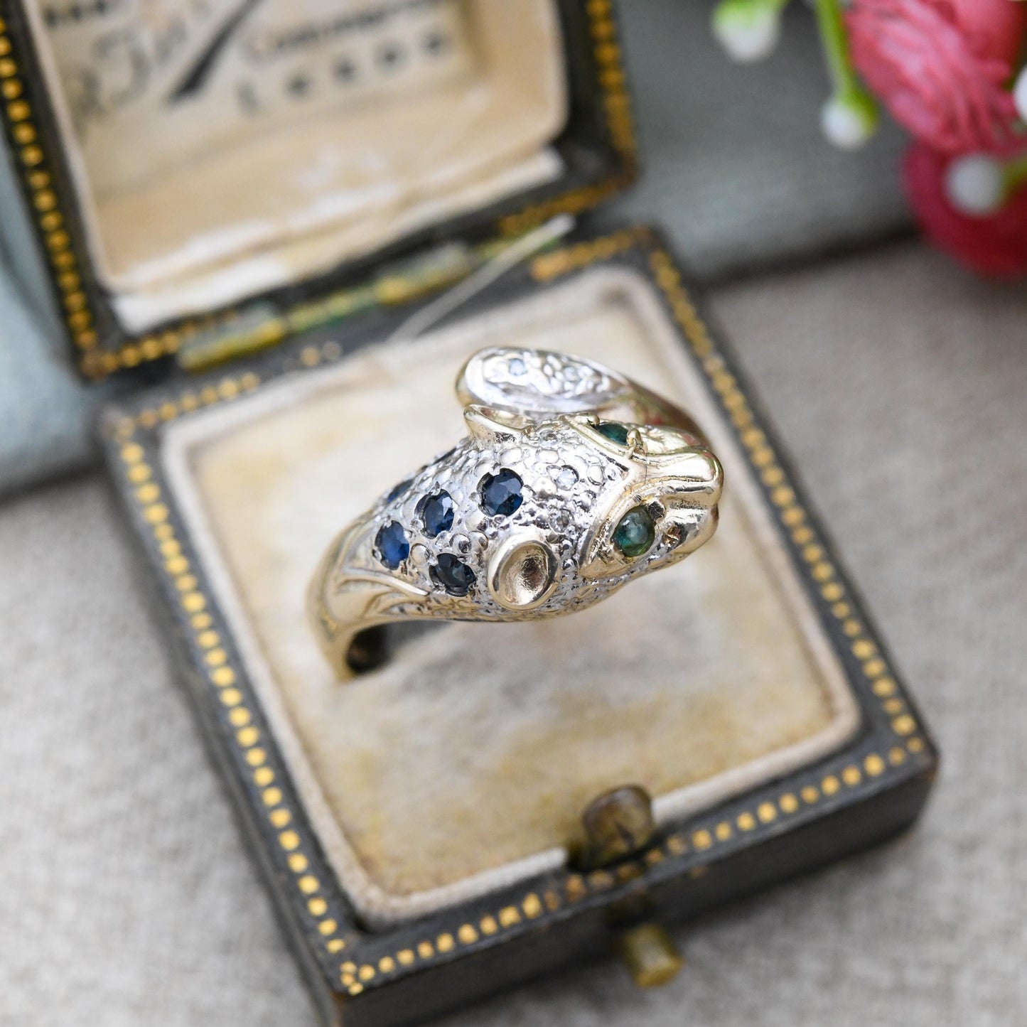 Vintage 9ct Gold Gemstone Panther Ring with Diamonds Emerald Sapphires - Cocktail Animal Ring Leopard | UK Size - S 1/2 | US Size - 9 1/2