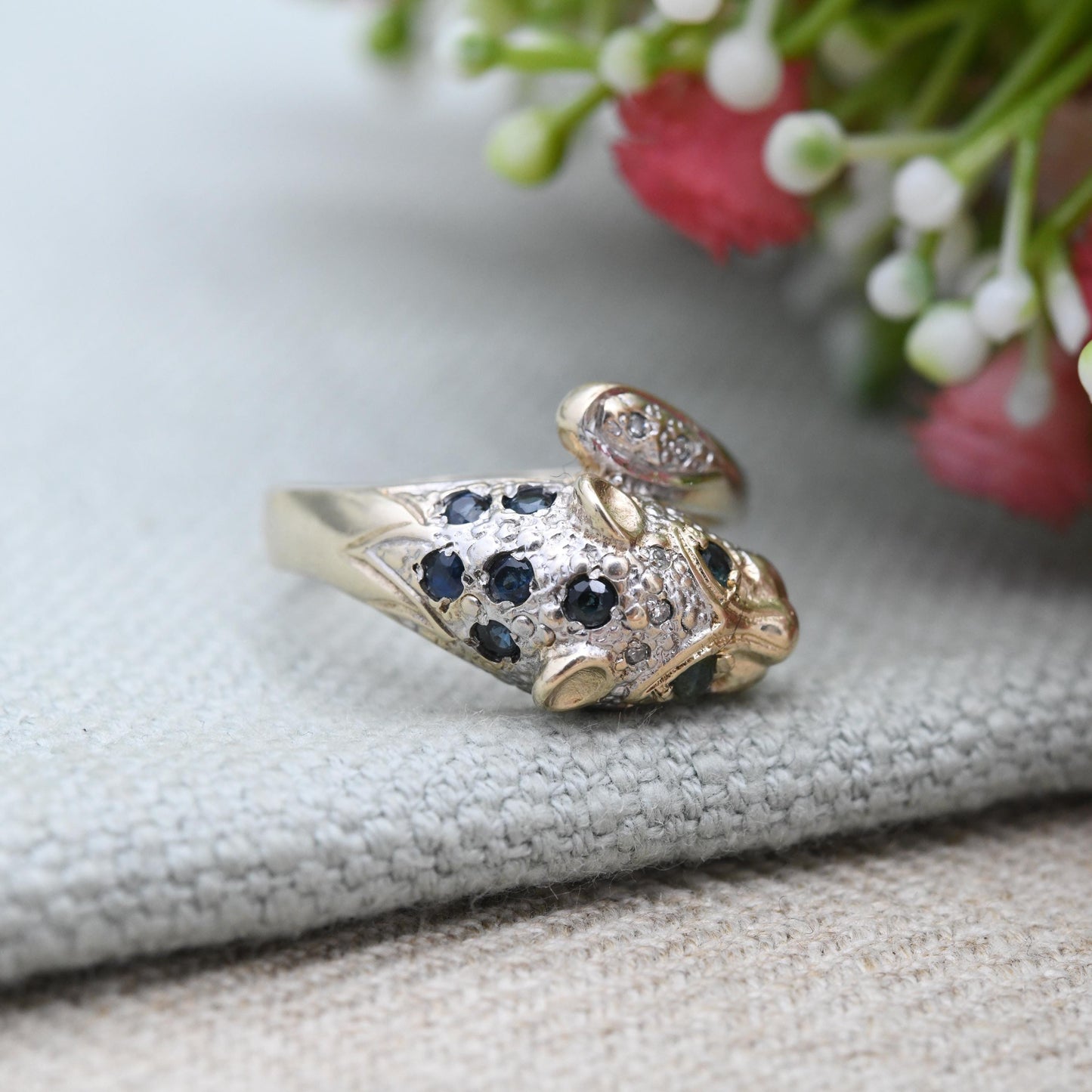 Vintage 9ct Gold Gemstone Panther Ring with Diamonds Emerald Sapphires - Cocktail Animal Ring Leopard | UK Size - S 1/2 | US Size - 9 1/2
