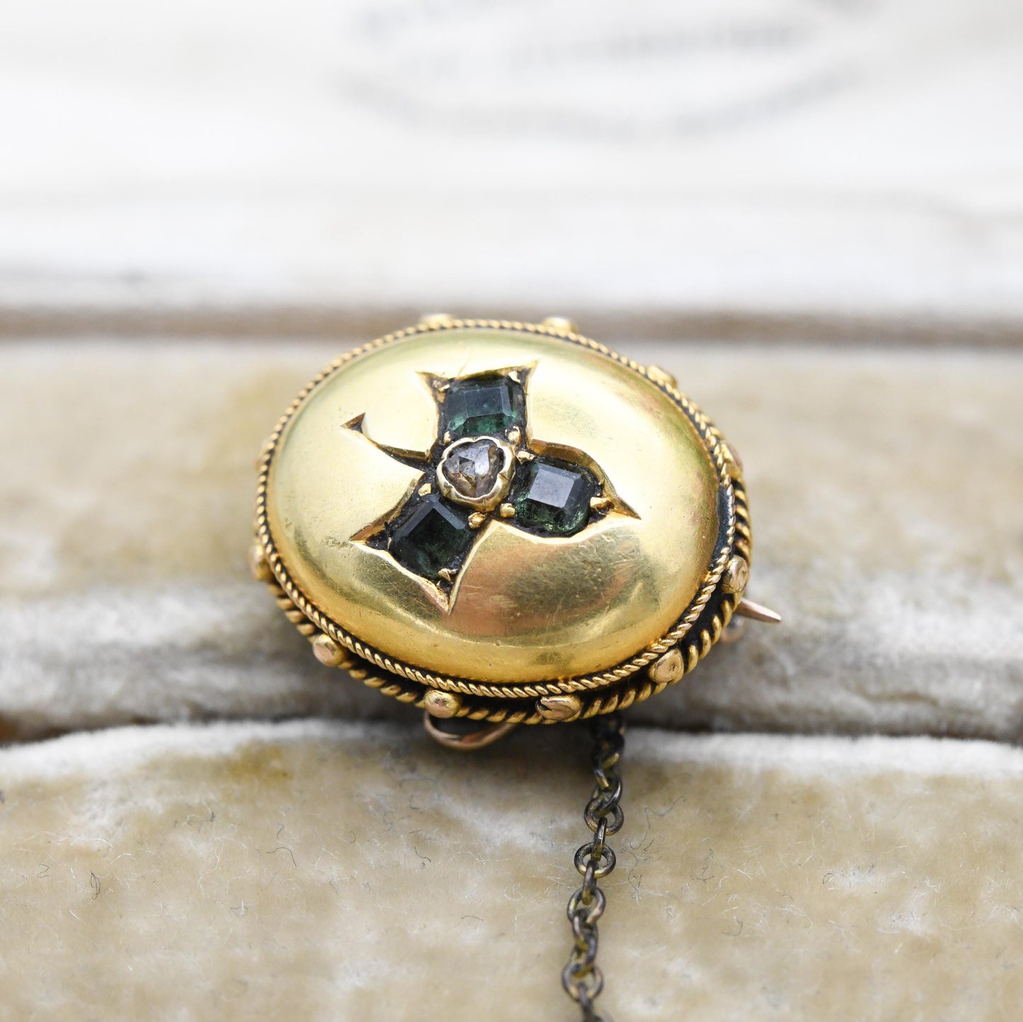 Antique Victorian Gold Clover Brooch with Emerald and Diamond - 19th Century Cushion Brooch Pin Granulated Rope Twist | Three Leaf Shamrock