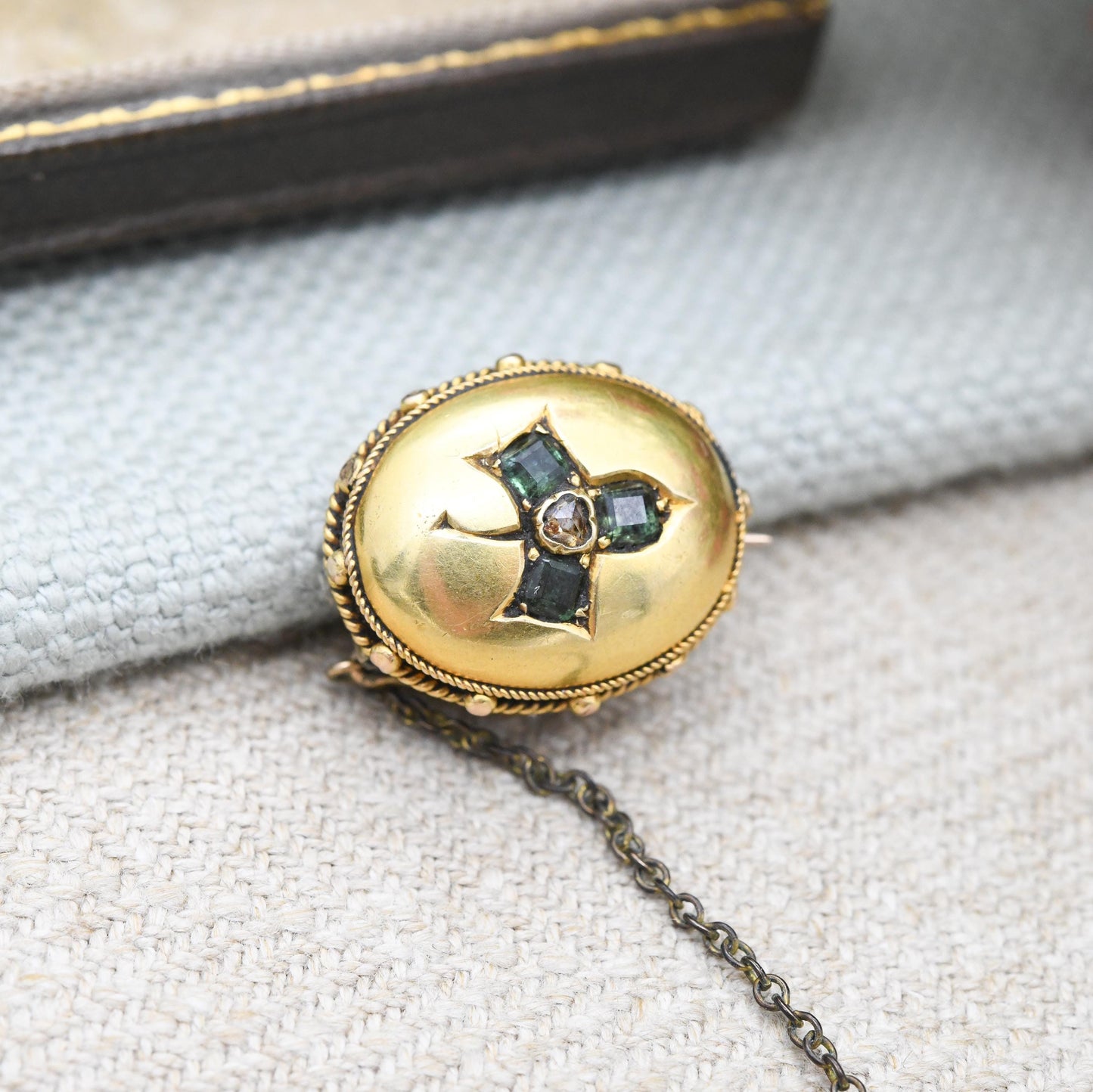 Antique Victorian Gold Clover Brooch with Emerald and Diamond - 19th Century Cushion Brooch Pin Granulated Rope Twist | Three Leaf Shamrock