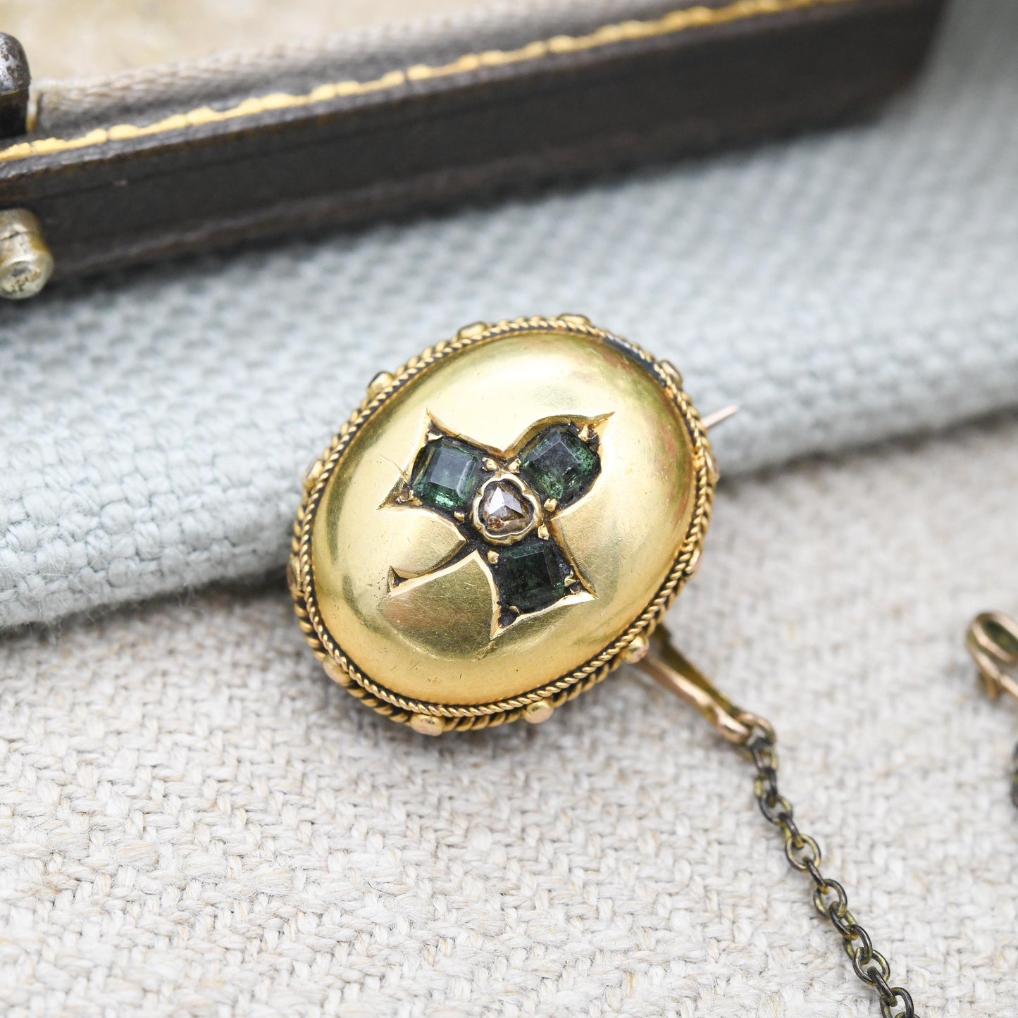 Antique Victorian Gold Clover Brooch with Emerald and Diamond - 19th Century Cushion Brooch Pin Granulated Rope Twist | Three Leaf Shamrock