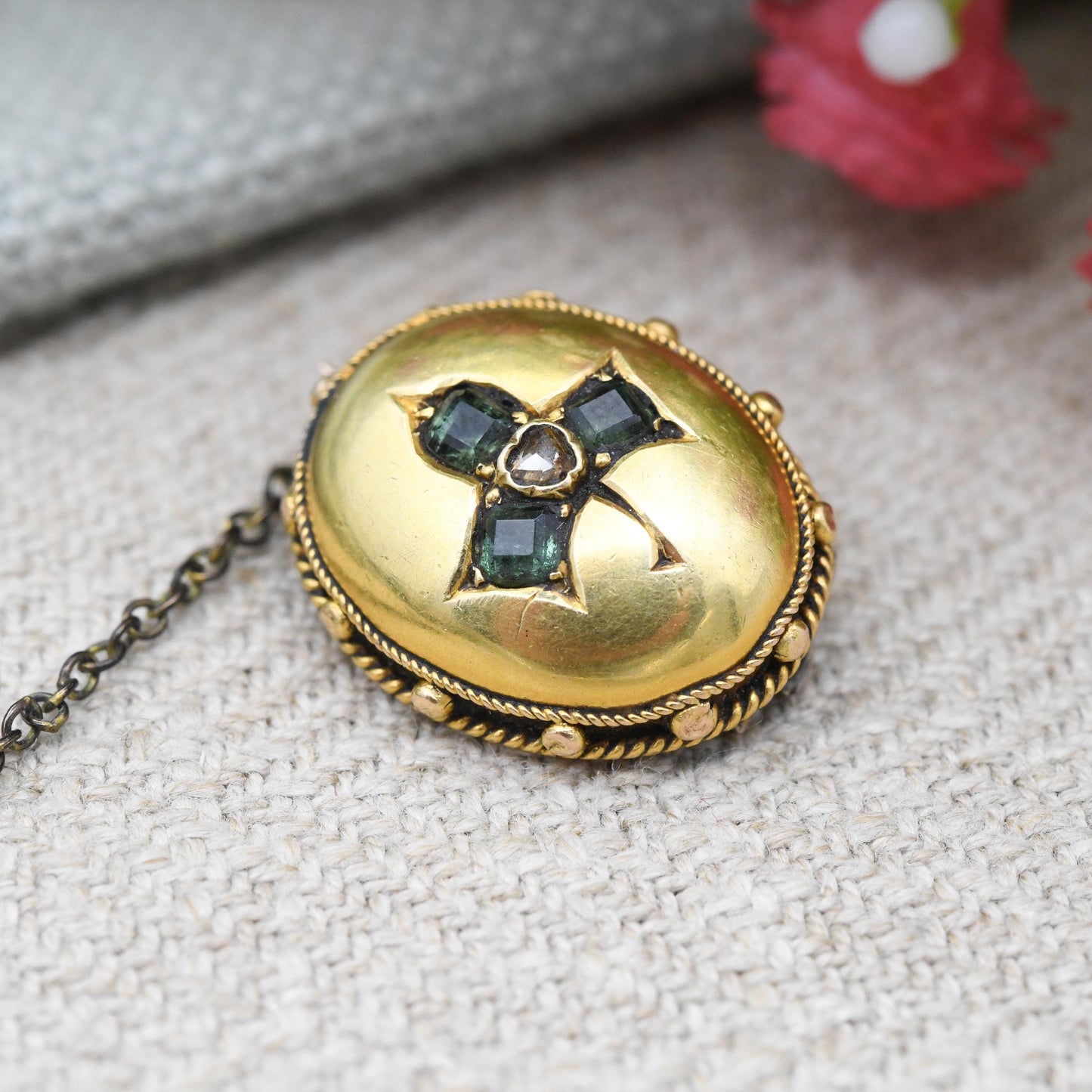 Antique Victorian Gold Clover Brooch with Emerald and Diamond - 19th Century Cushion Brooch Pin Granulated Rope Twist | Three Leaf Shamrock