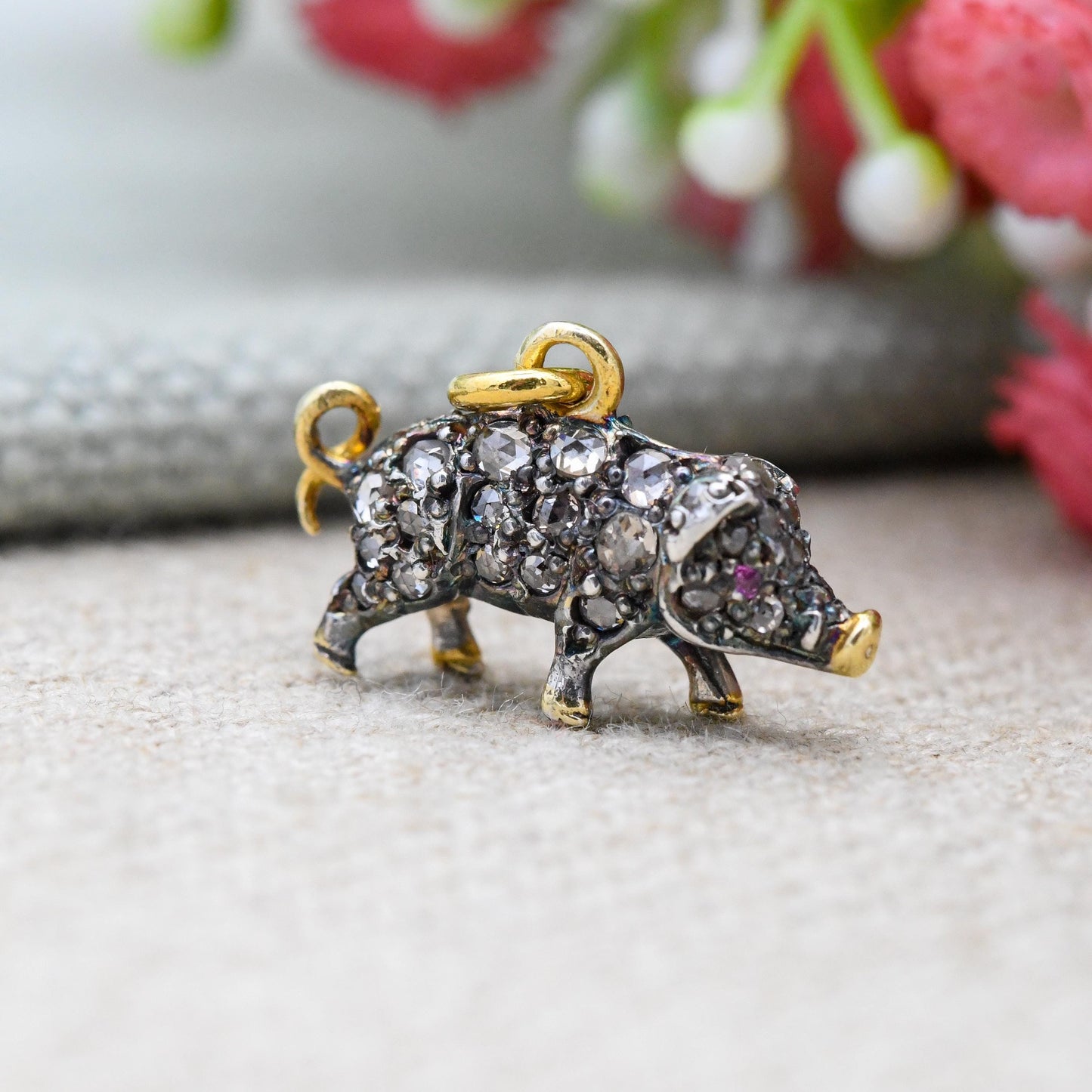 Antique Victorian Diamond and Ruby Pig Pendant Silver and Gold - Rose Cut Diamonds Ruby Eyes Animal Lucky Pig Charm Necklace Stack Gift