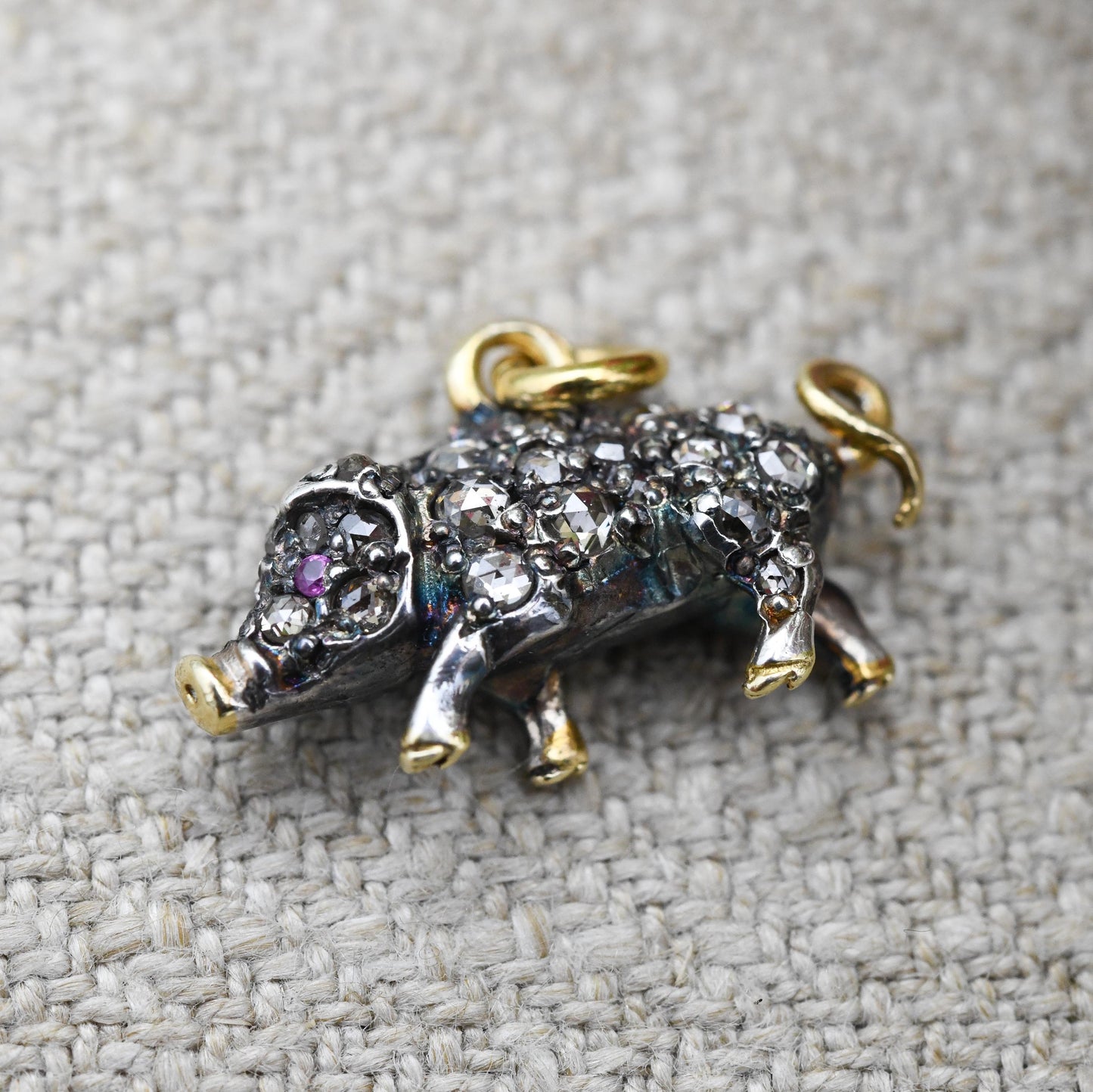 Antique Victorian Diamond and Ruby Pig Pendant Silver and Gold - Rose Cut Diamonds Ruby Eyes Animal Lucky Pig Charm Necklace Stack Gift