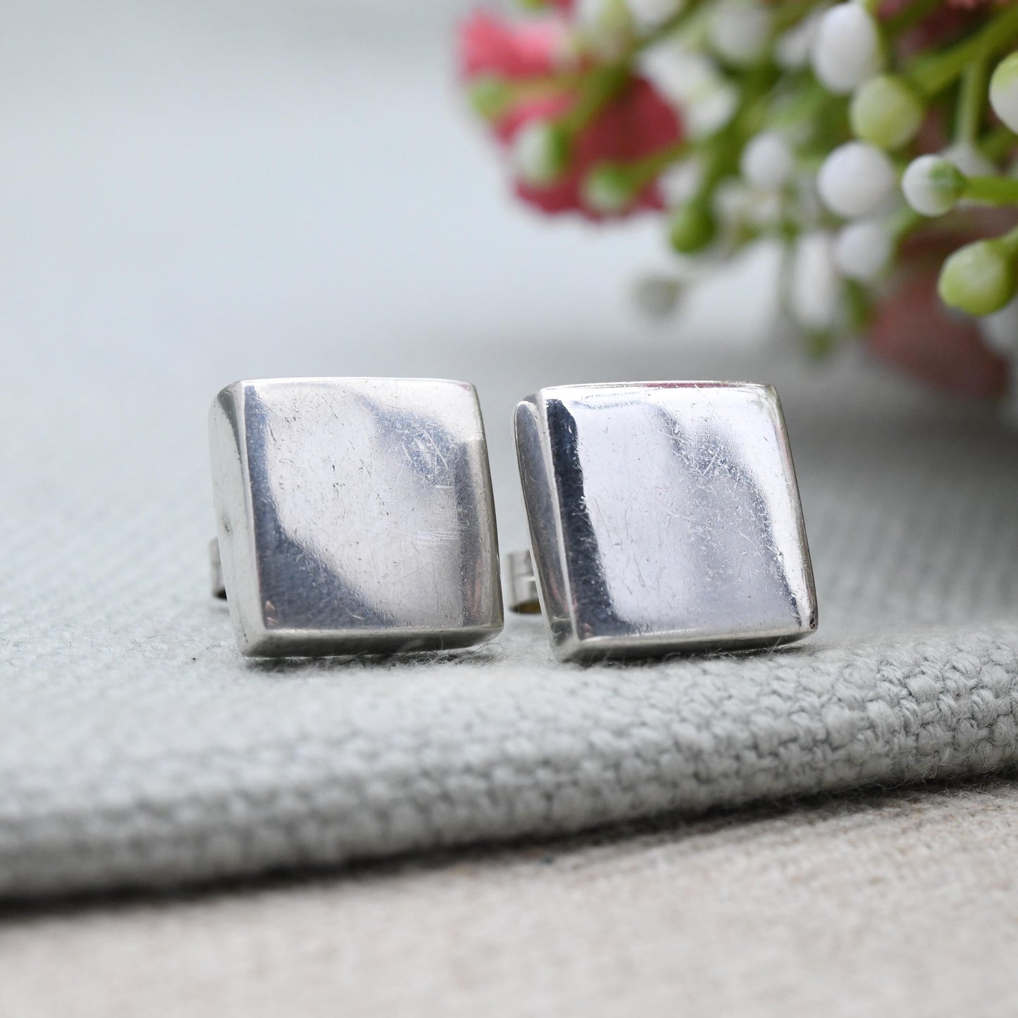 Vintage Sterling Silver Square Stud Earrings Chunky Minimalist - Big Cube Design | Everyday Understated Silver Earrings | Gift for Her