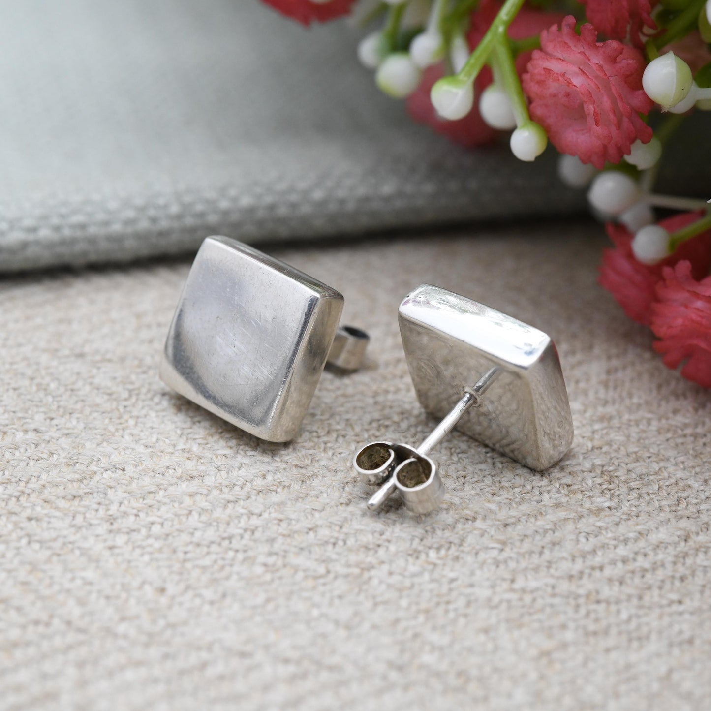 Vintage Sterling Silver Square Stud Earrings Chunky Minimalist - Big Cube Design | Everyday Understated Silver Earrings | Gift for Her