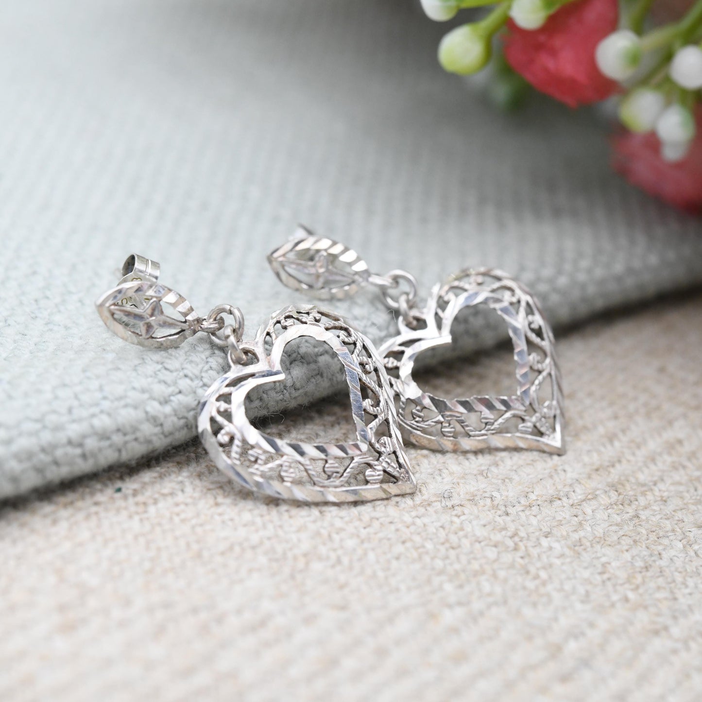 Vintage Sterling Silver Open Work Heart Drop Earrings - Love Heart Shape Filigree Hearts | Sweet Vintage Jewellery Gift for Her
