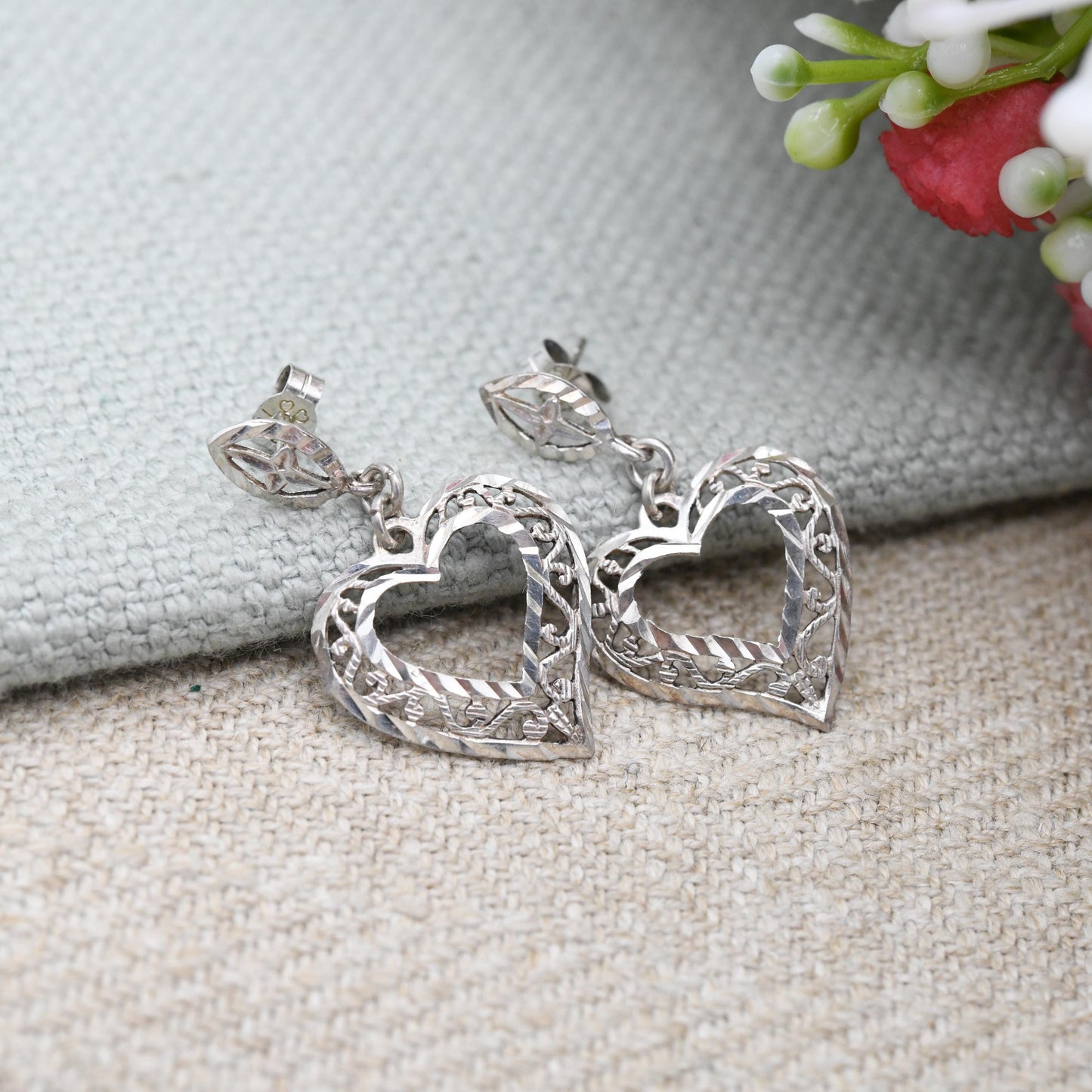 Vintage Sterling Silver Open Work Heart Drop Earrings - Love Heart Shape Filigree Hearts | Sweet Vintage Jewellery Gift for Her