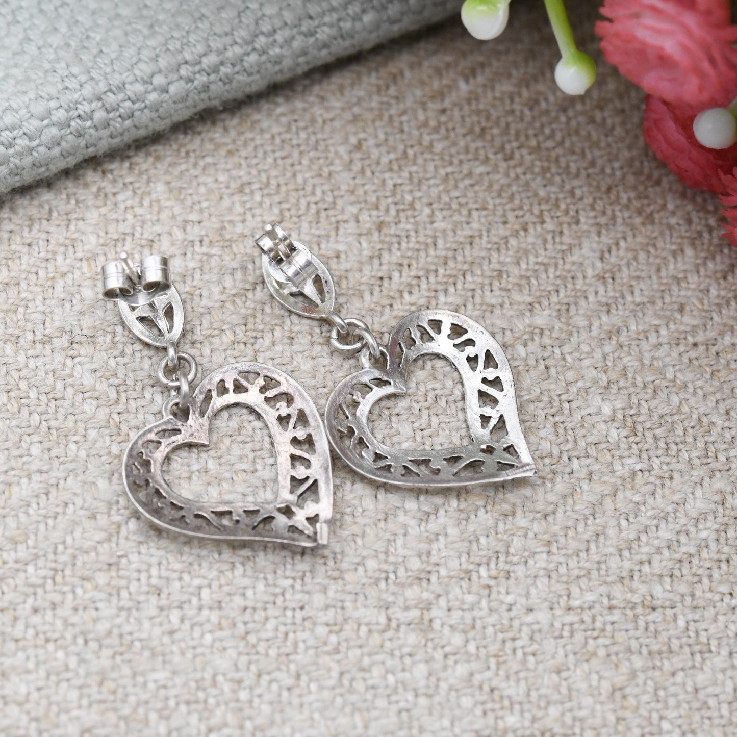 Vintage Sterling Silver Open Work Heart Drop Earrings - Love Heart Shape Filigree Hearts | Sweet Vintage Jewellery Gift for Her