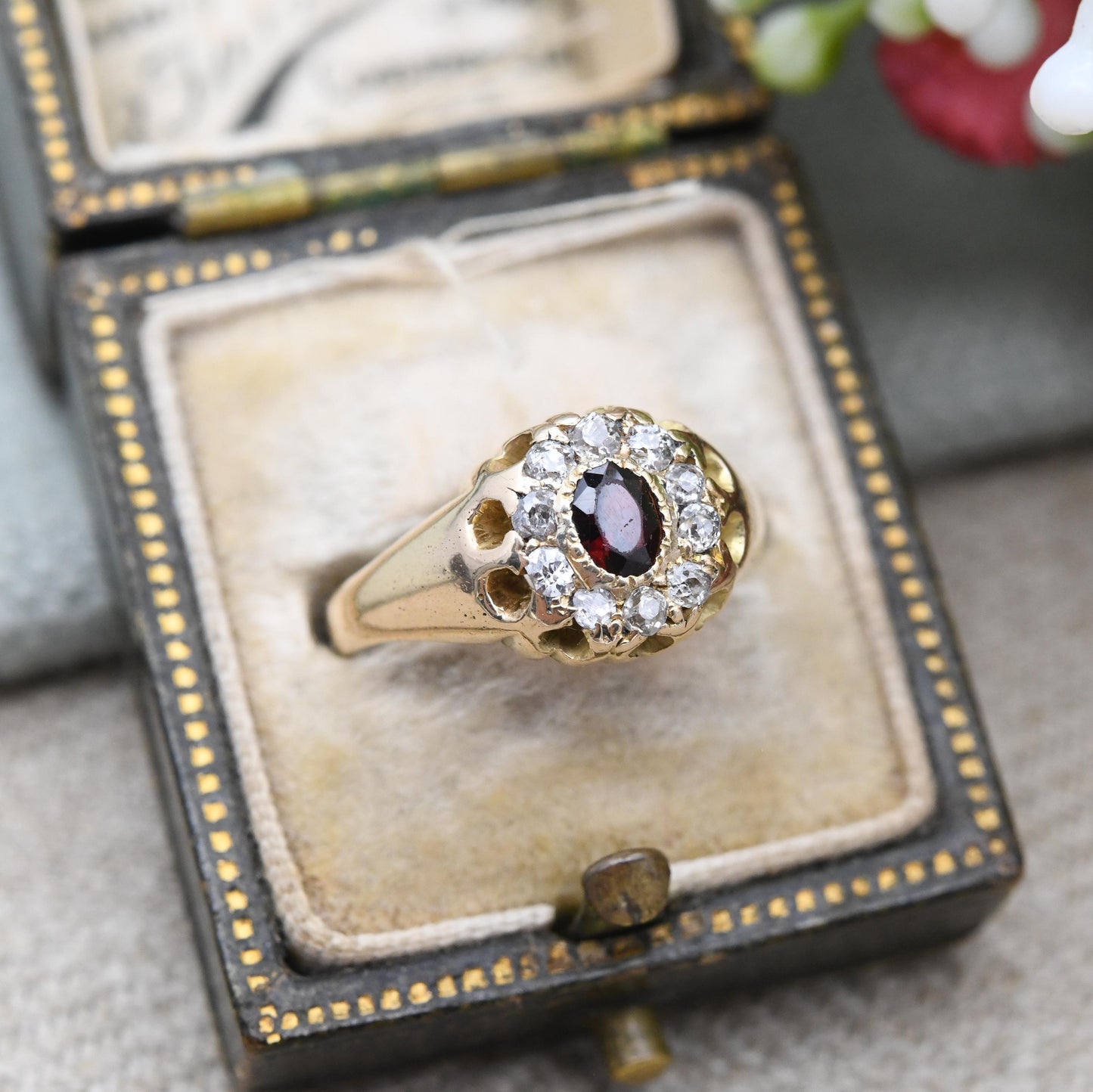 Antique 18ct Gold Garnet and Diamond Floral Halo Ring - Red White Stone Cluster Anniversary Gift Engagement | UK Size - J | US Size - 4 3/4