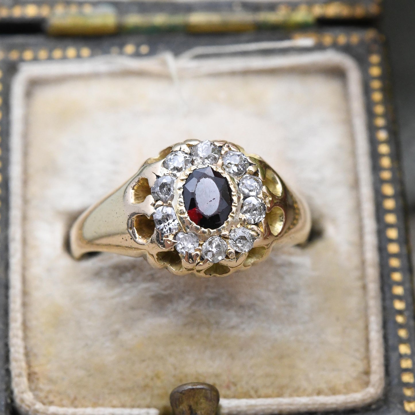 Antique 18ct Gold Garnet and Diamond Floral Halo Ring - Red White Stone Cluster Anniversary Gift Engagement | UK Size - J | US Size - 4 3/4
