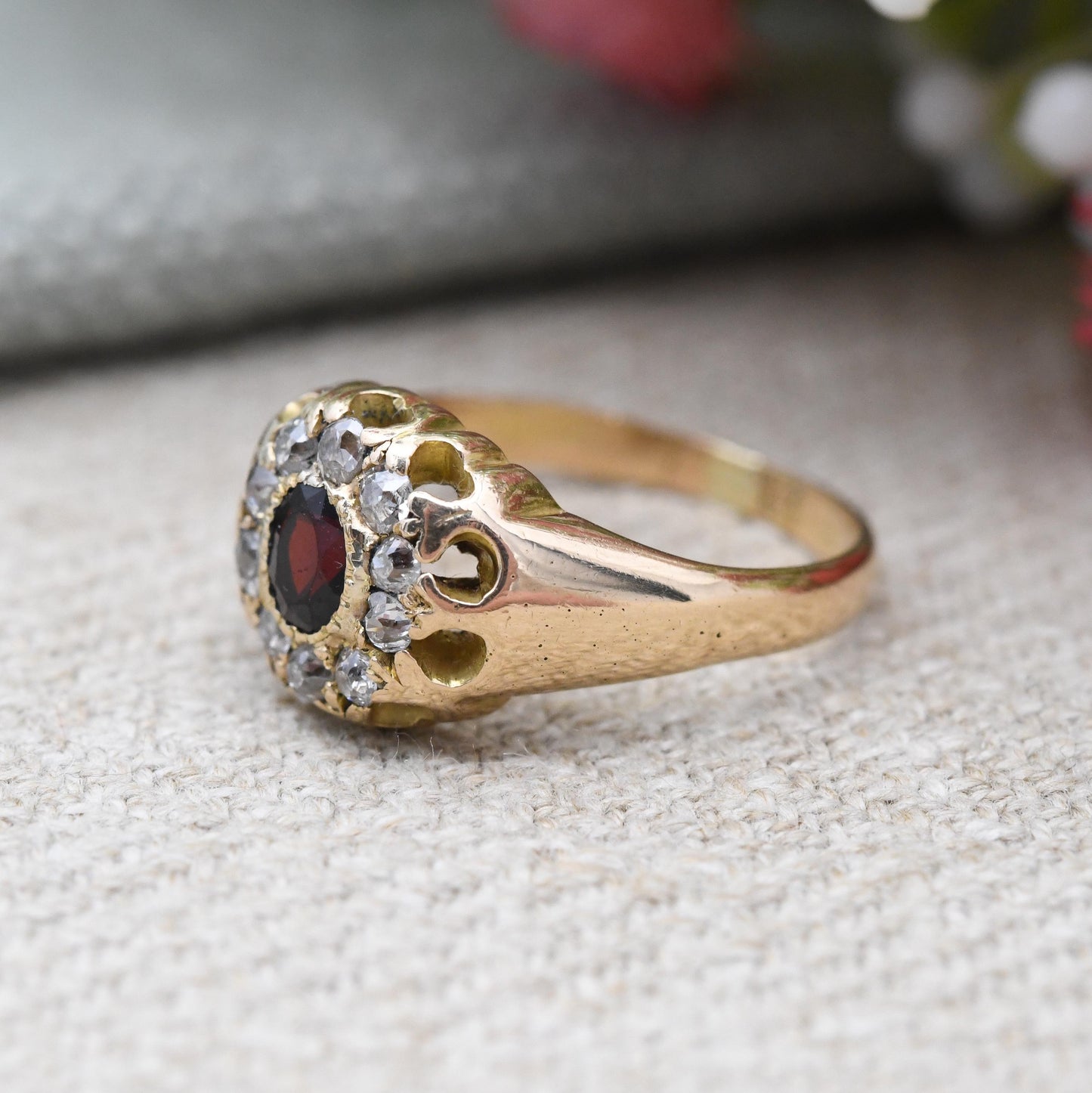 Antique 18ct Gold Garnet and Diamond Floral Halo Ring - Red White Stone Cluster Anniversary Gift Engagement | UK Size - J | US Size - 4 3/4