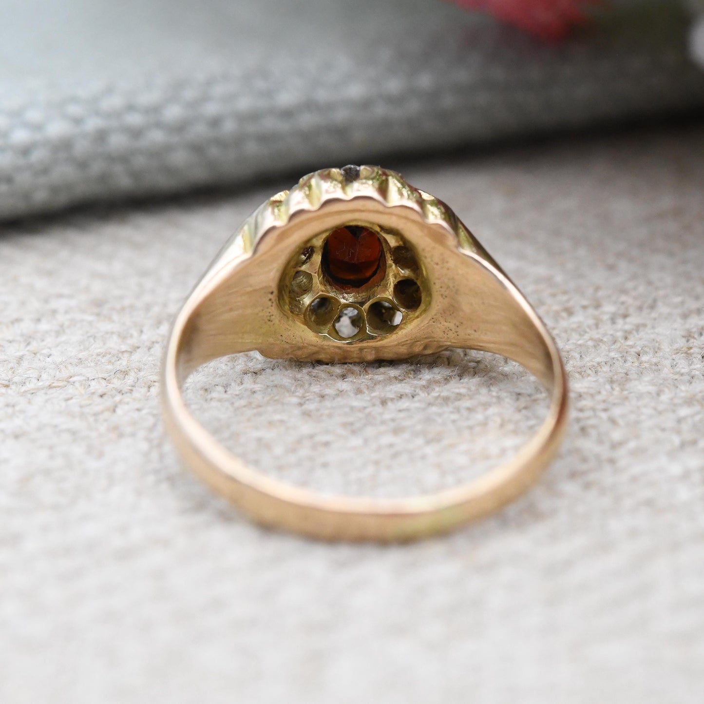 Antique 18ct Gold Garnet and Diamond Floral Halo Ring - Red White Stone Cluster Anniversary Gift Engagement | UK Size - J | US Size - 4 3/4