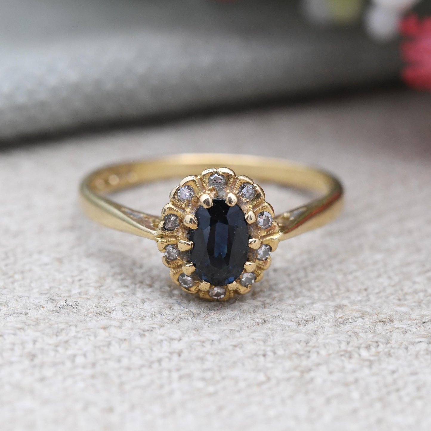 Vintage 18ct Gold Sapphire and Diamond Halo Ring 1982 - Mid-Century Cocktail Statement Ring Jewellery Gift | UK Size - P 1/2 US Size - 7 3/4