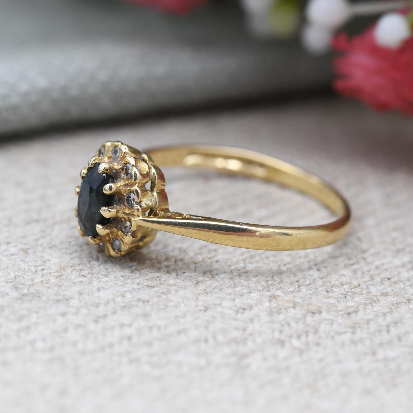 Vintage 18ct Gold Sapphire and Diamond Halo Ring 1982 - Mid-Century Cocktail Statement Ring Jewellery Gift | UK Size - P 1/2 US Size - 7 3/4