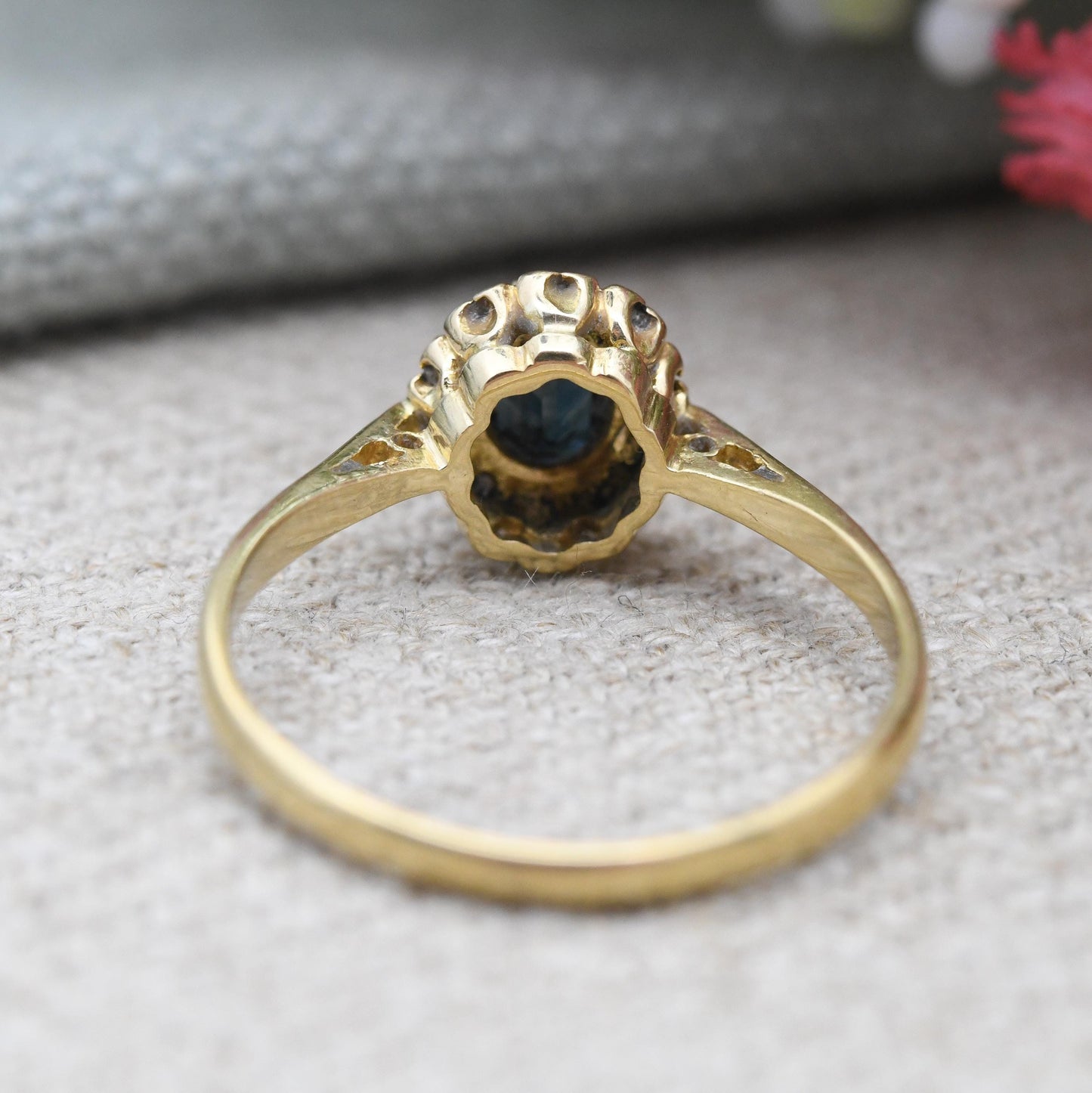Vintage 18ct Gold Sapphire and Diamond Halo Ring 1982 - Mid-Century Cocktail Statement Ring Jewellery Gift | UK Size - P 1/2 US Size - 7 3/4